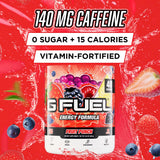 Bouteille shaker G Fuel montrant la couleur Fruit Punch et facilitant le mélange.