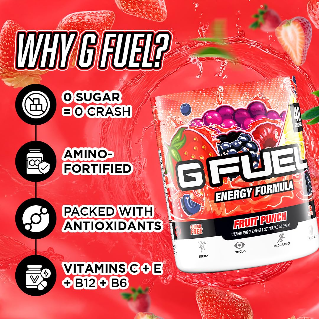 Énergie Gaming sans sucre G Fuel pour sessions prolongées et sans crash.