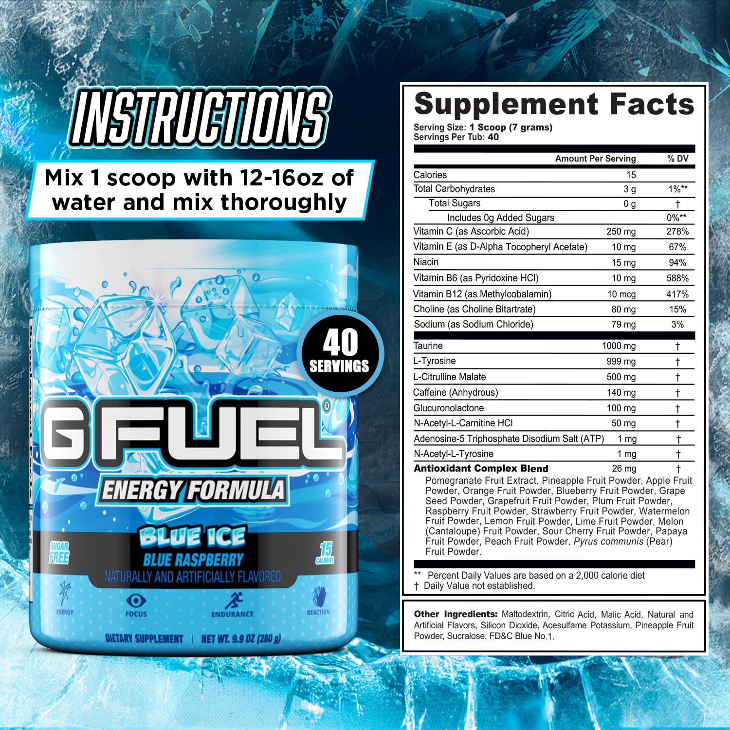 G Fuel Blue Ice: gobelet prêt à l'emploi pour une pause rapide.