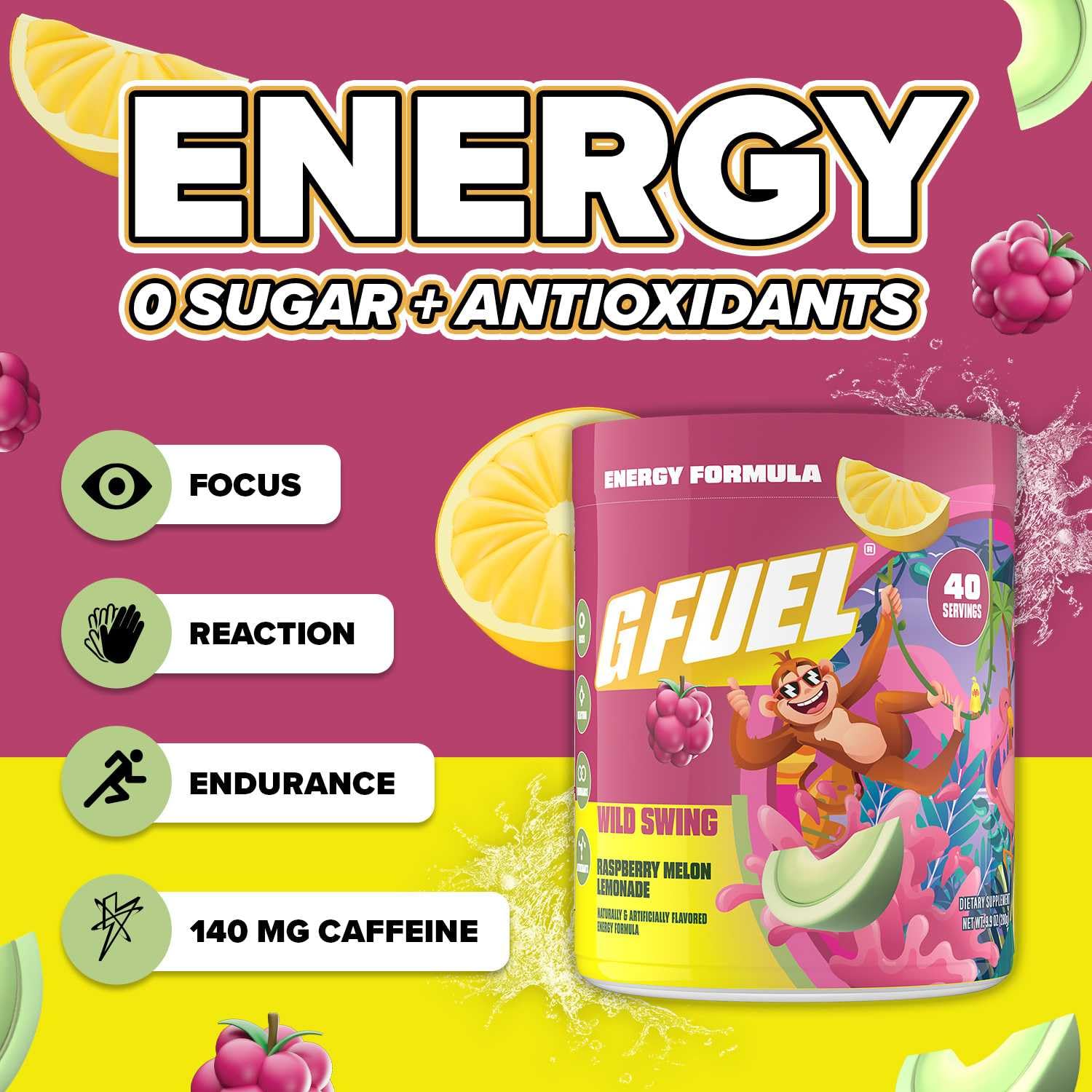 G Fuel Wild Swing poudre énergie sans sucre pour gaming et concentration.