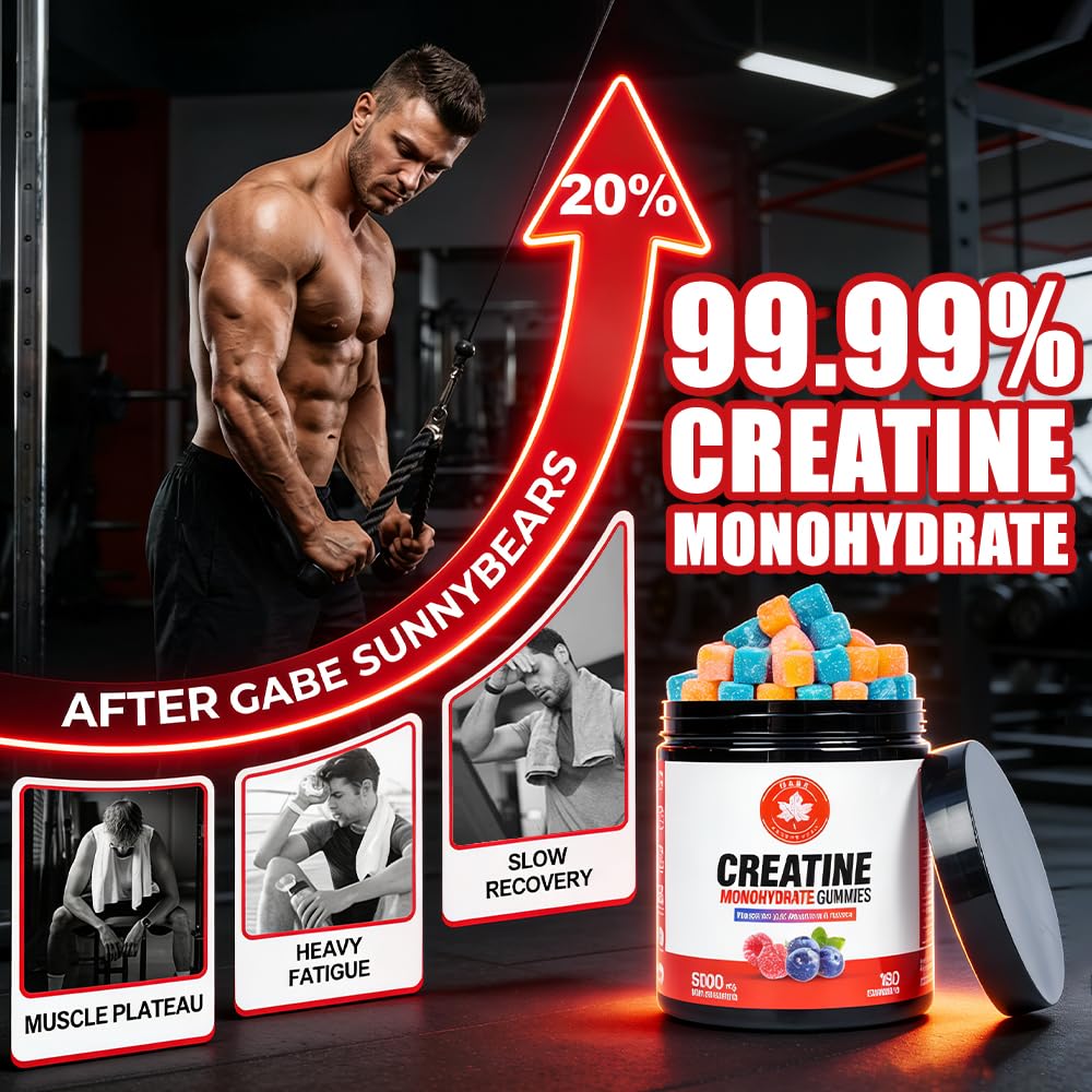 GABE SUNNYBEARS Créatine 5000mg gommes, gros plan sur texture et énergie potentielle.