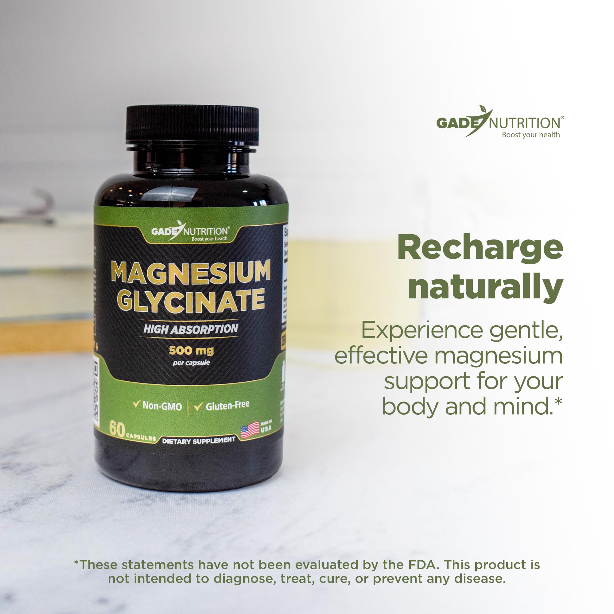 Gade Nutrition Chelate Forme Magnésium Glycinate, absorption efficace.