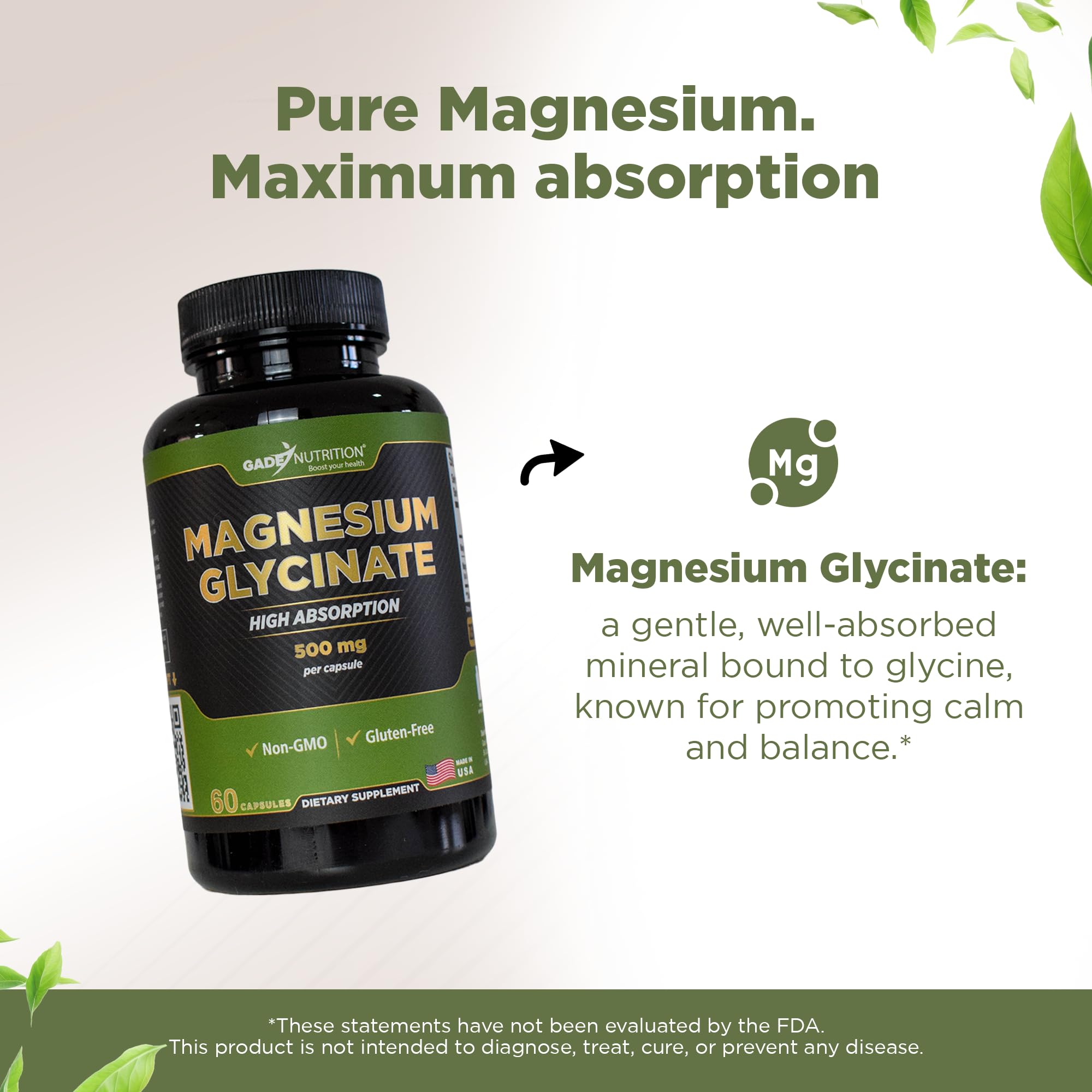 Gade Nutrition Magnésium Glycinate, forme chélatée pour meilleure absorption potentielle.