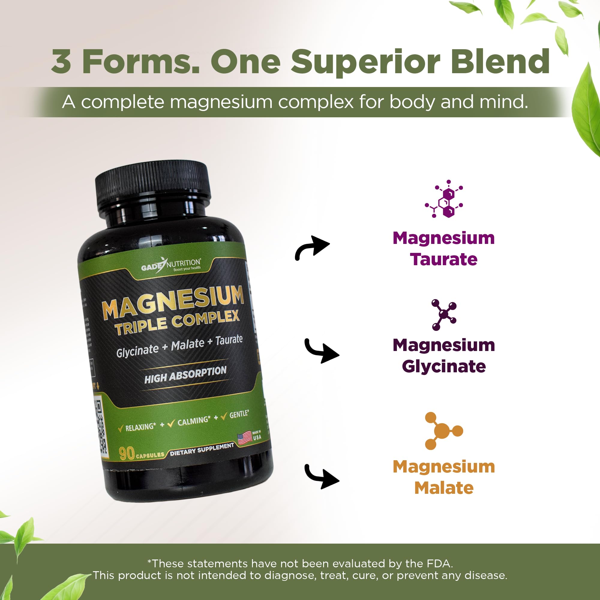 GADE NUTRITION Magnesium Triple Complex: étiquette claire montrant les trois formes biodisponibles