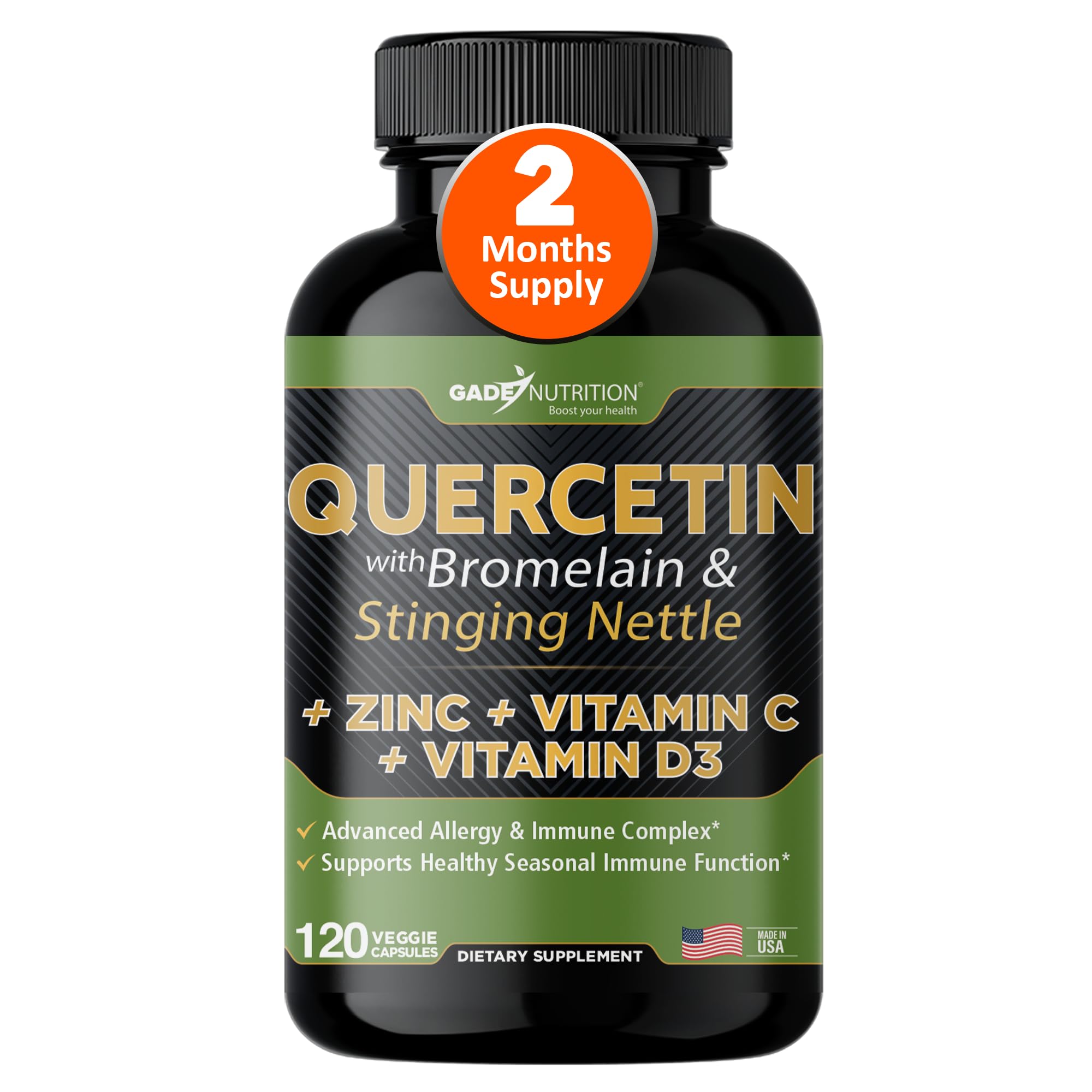 GADE NUTRITION Quercetine 500 mg en bouteille, soutien immunitaire potentiel.