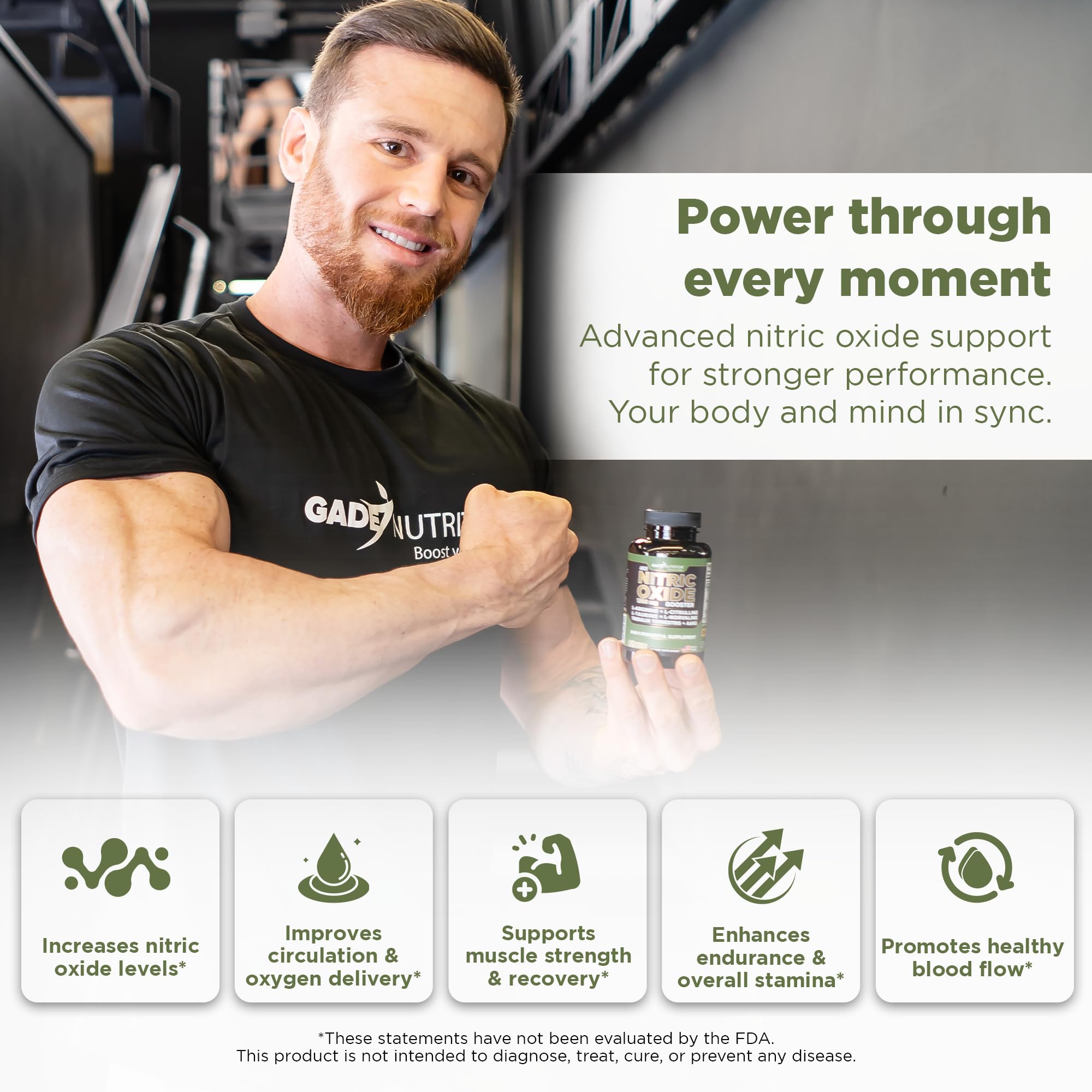 Étiquette Gade Nutrition oxyde nitrique montrant ingrédients clés et leur rôle.
