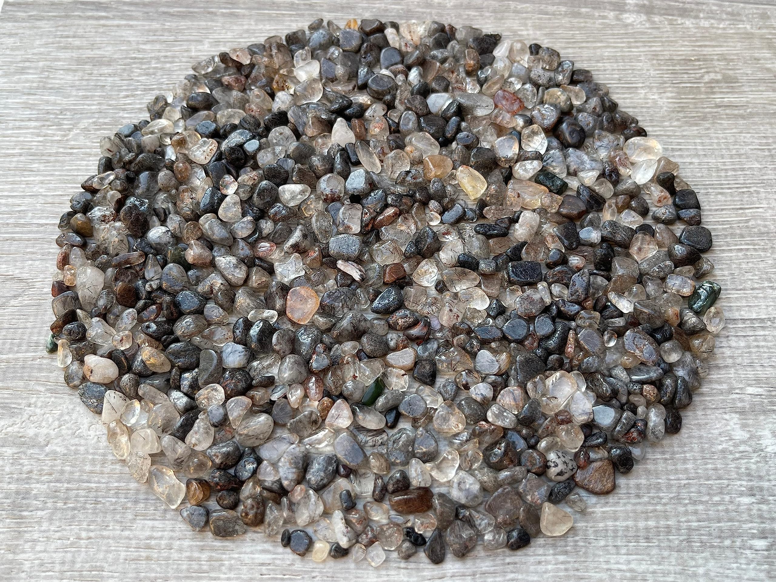 GAF TREASURES black rutilated quartz chips closeup sparkle demonstrates natural iridescent facets