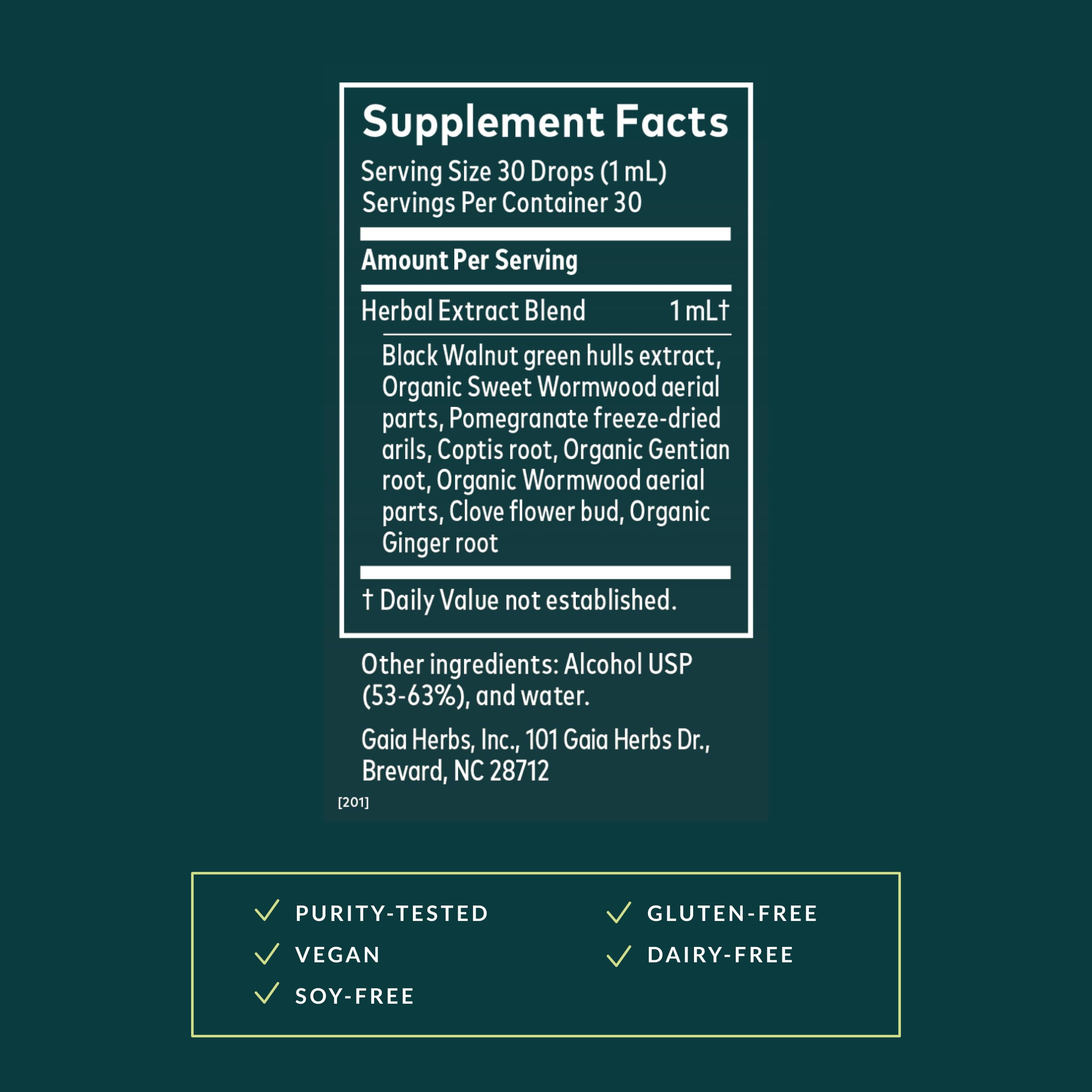 Étiquette Gaia Herbs Absinthe Noix-Noire Suprême sur le flacon