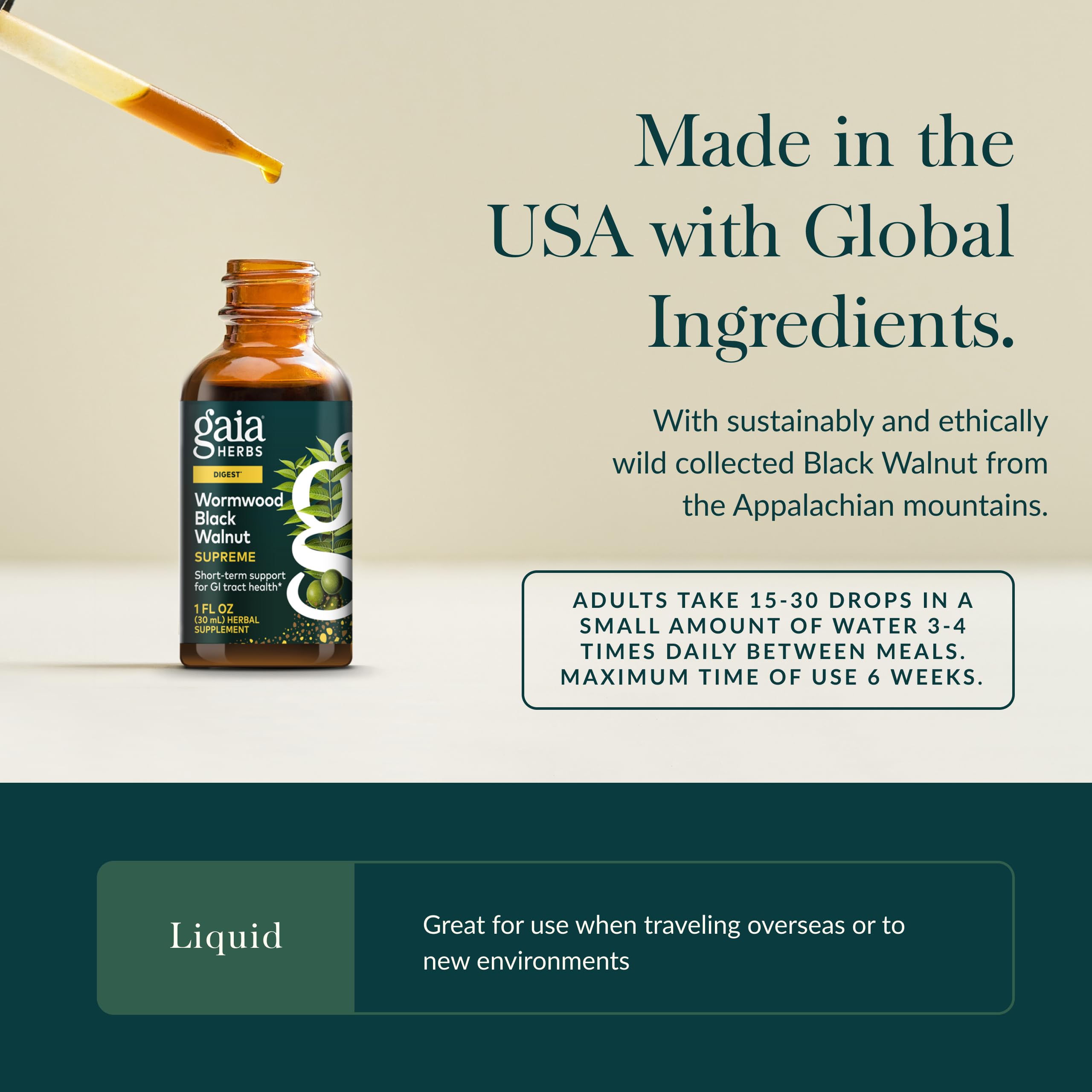 Ingrédients naturels Gaia Herbs Absinthe Noix-Noire Suprême visibles