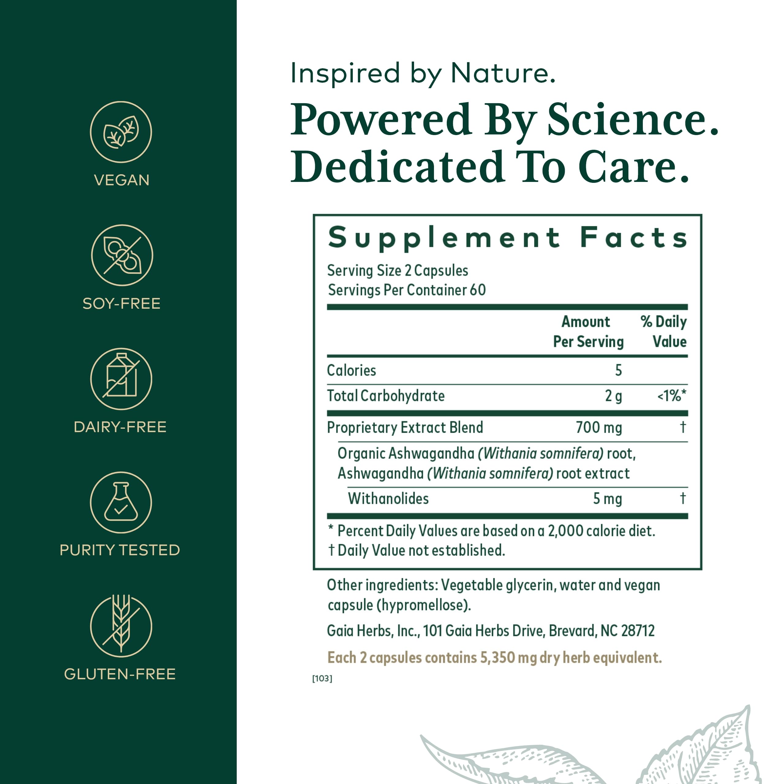 GAIA HERBS PRO Ashwagandha 700 - étiquette claire facilitant un choix vegan et sans allergènes