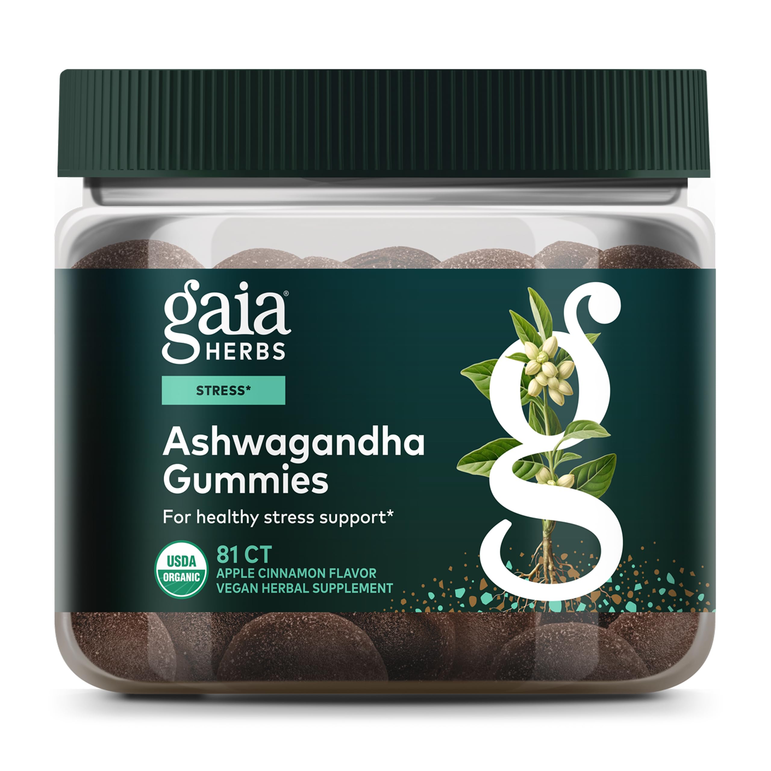 Gaia Herbs Ashwagandha Gummies – Bouteille: soutien potentiel au stress quotidien.