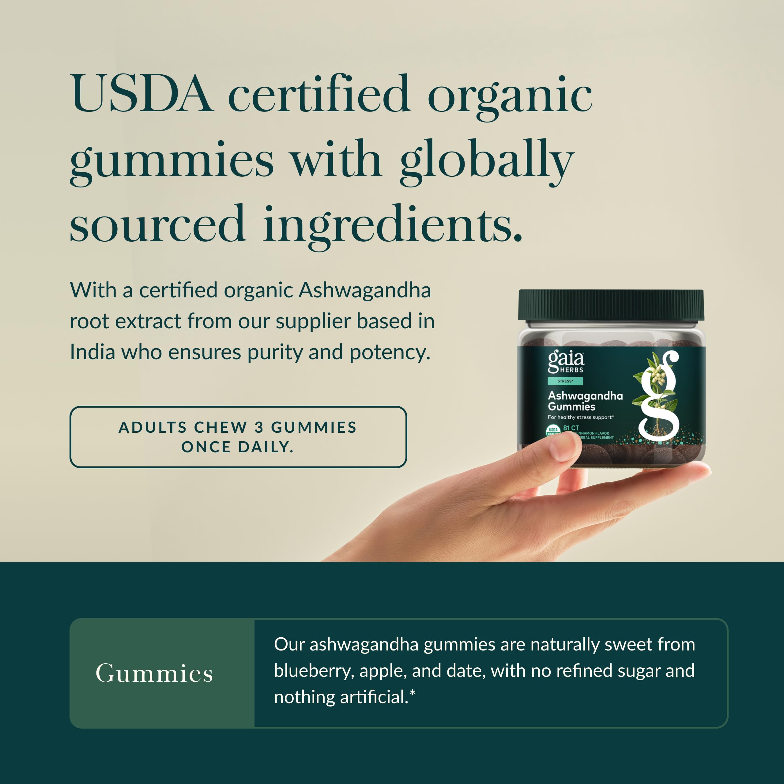 Gaïa Herbs Ashwagandha Gummies – Emballage: présentation et étiquette.