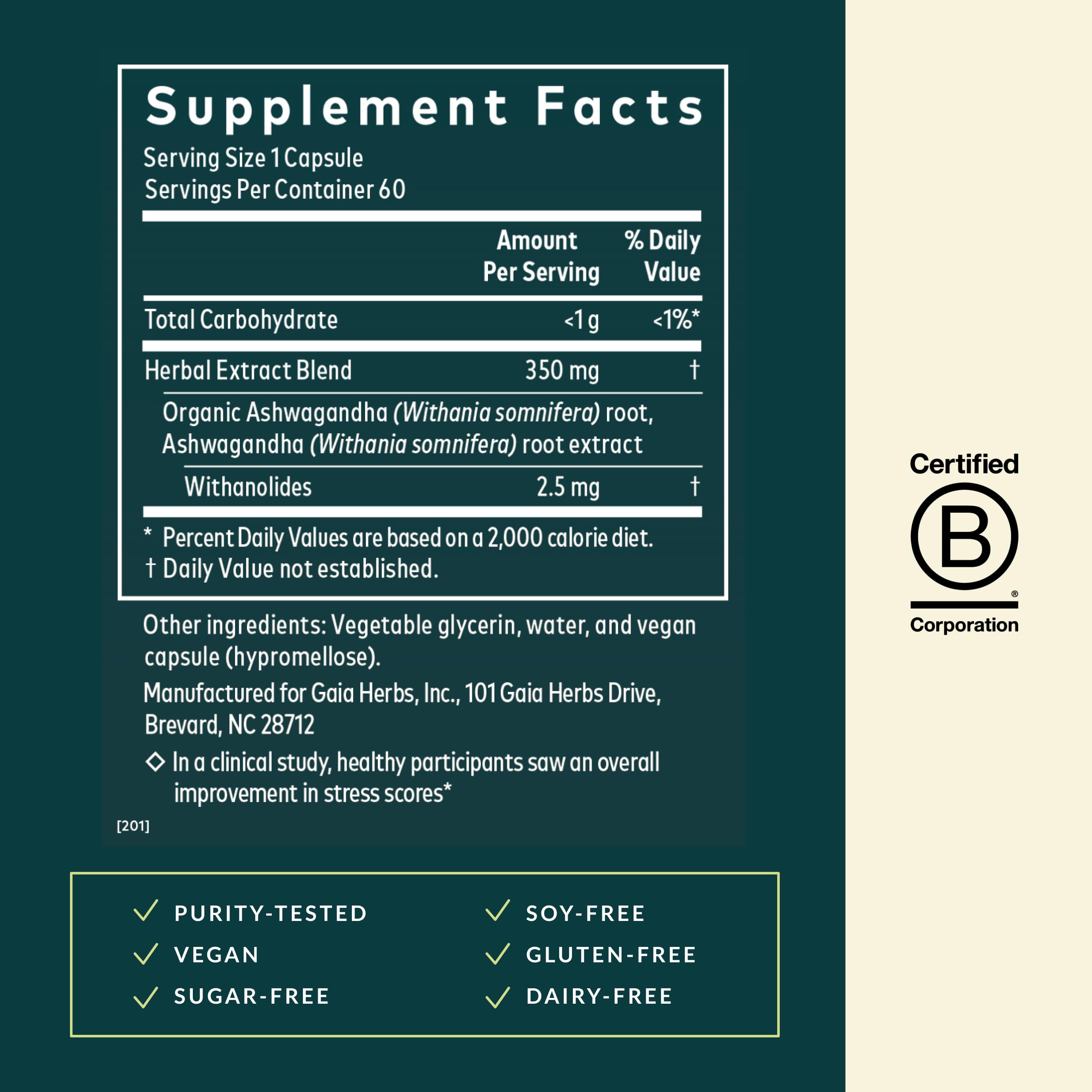 Étiquette biologique Gaia Herbs Ashwagandha, choix naturel et pur.