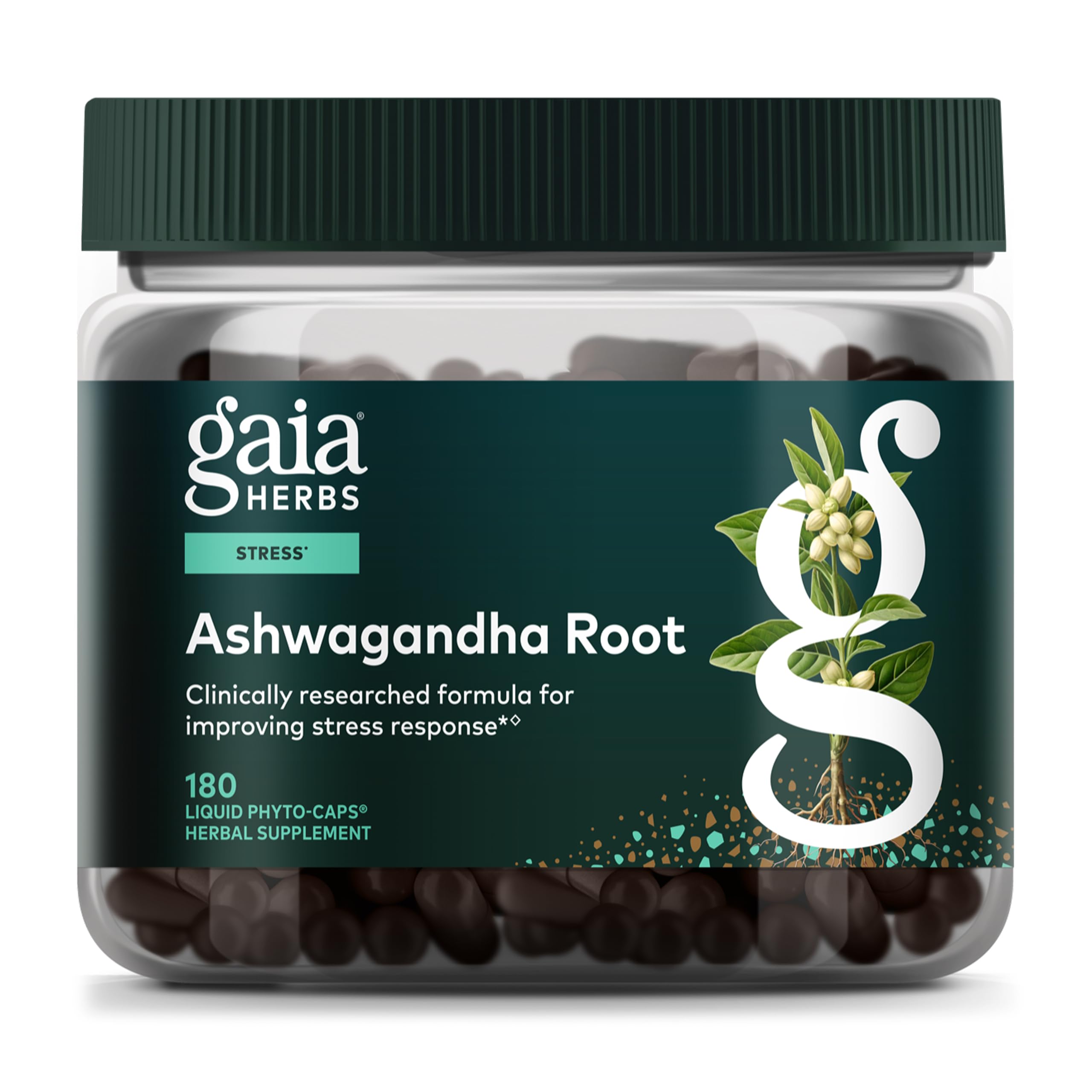 Gaia Herbs Ashwagandha racine-bouteille : soutien potentiel au calme et énergie équilibrée.