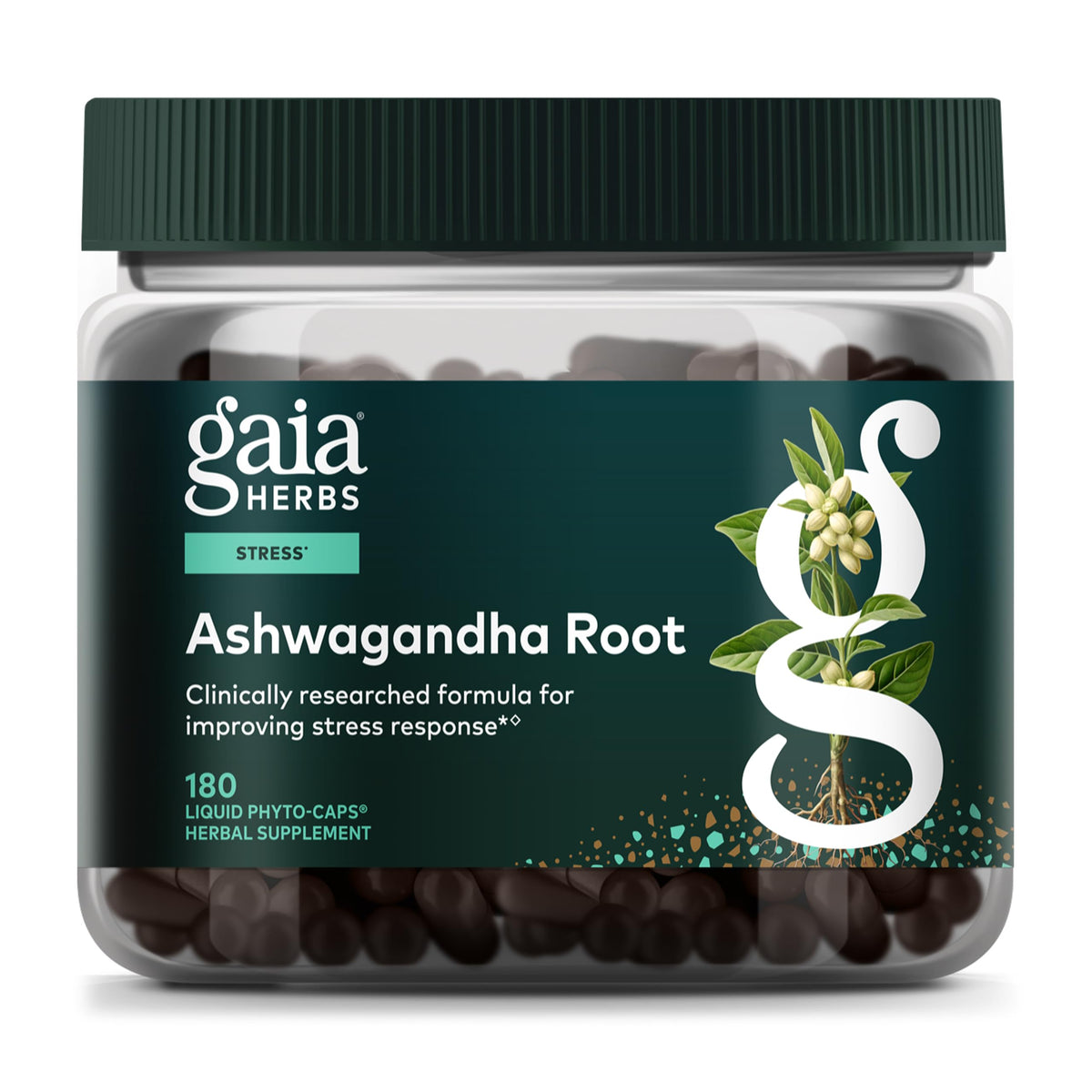 Gaia Herbs Ashwagandha racine-bouteille : soutien potentiel au calme et énergie équilibrée.