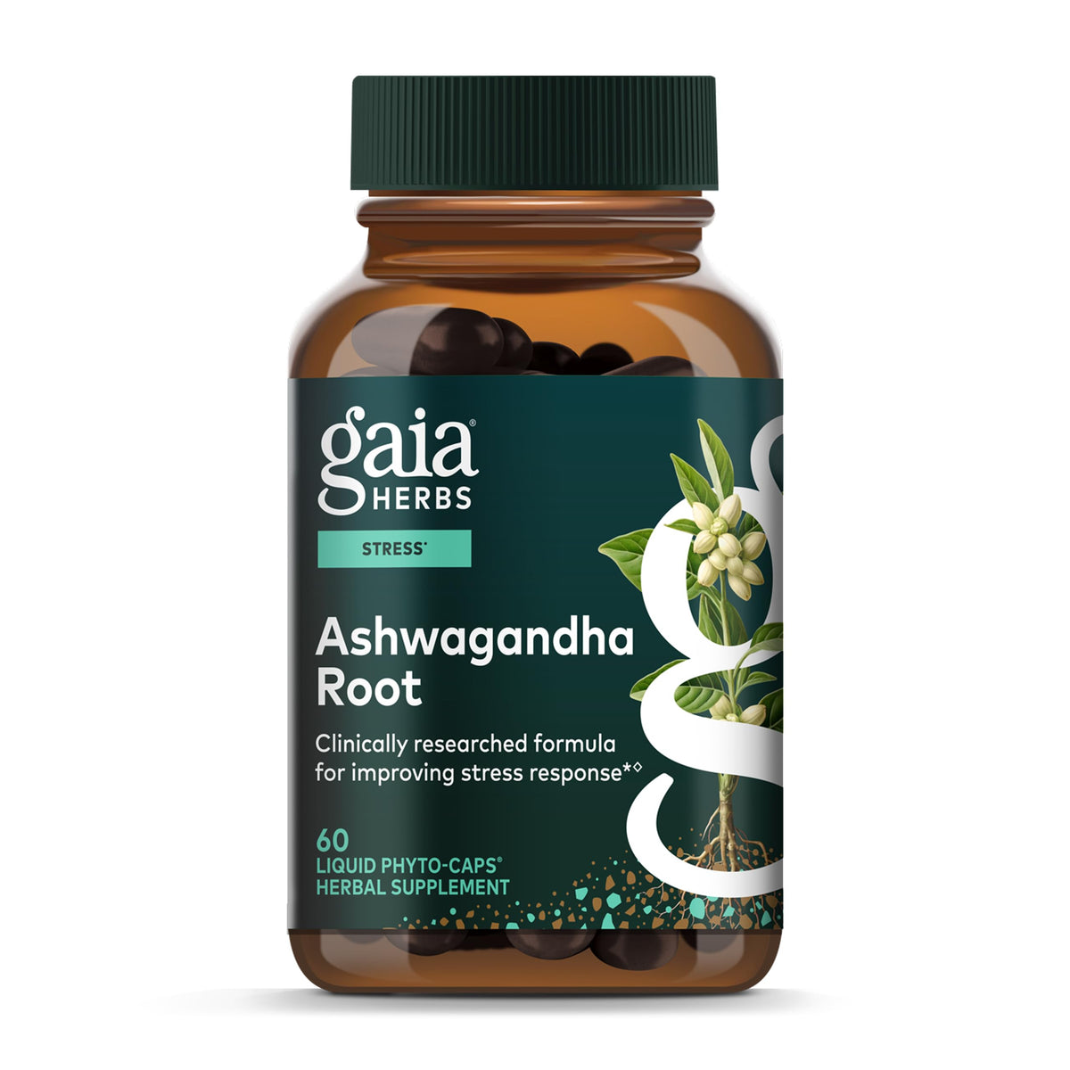 Gaia Herbs Ashwagandha racine en bouteille pour le bien-être quotidien.