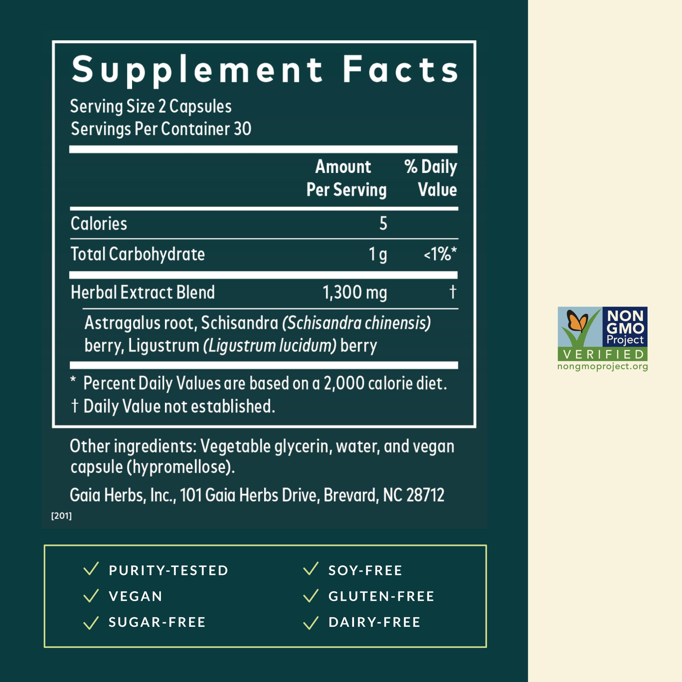 Gaia Herbs capsule detail showing liquid phyto-cap texture and easy-to-swallow vegan shell