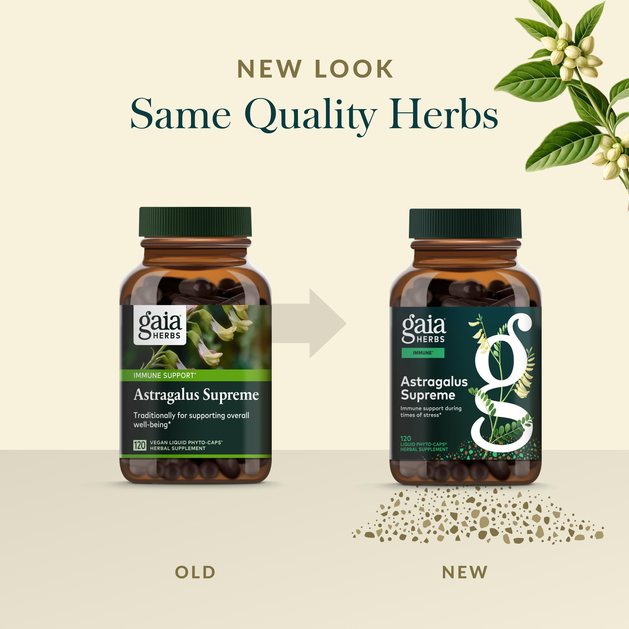 Gaia Herbs Astragalus Supreme logo visible, engagement qualité et origine