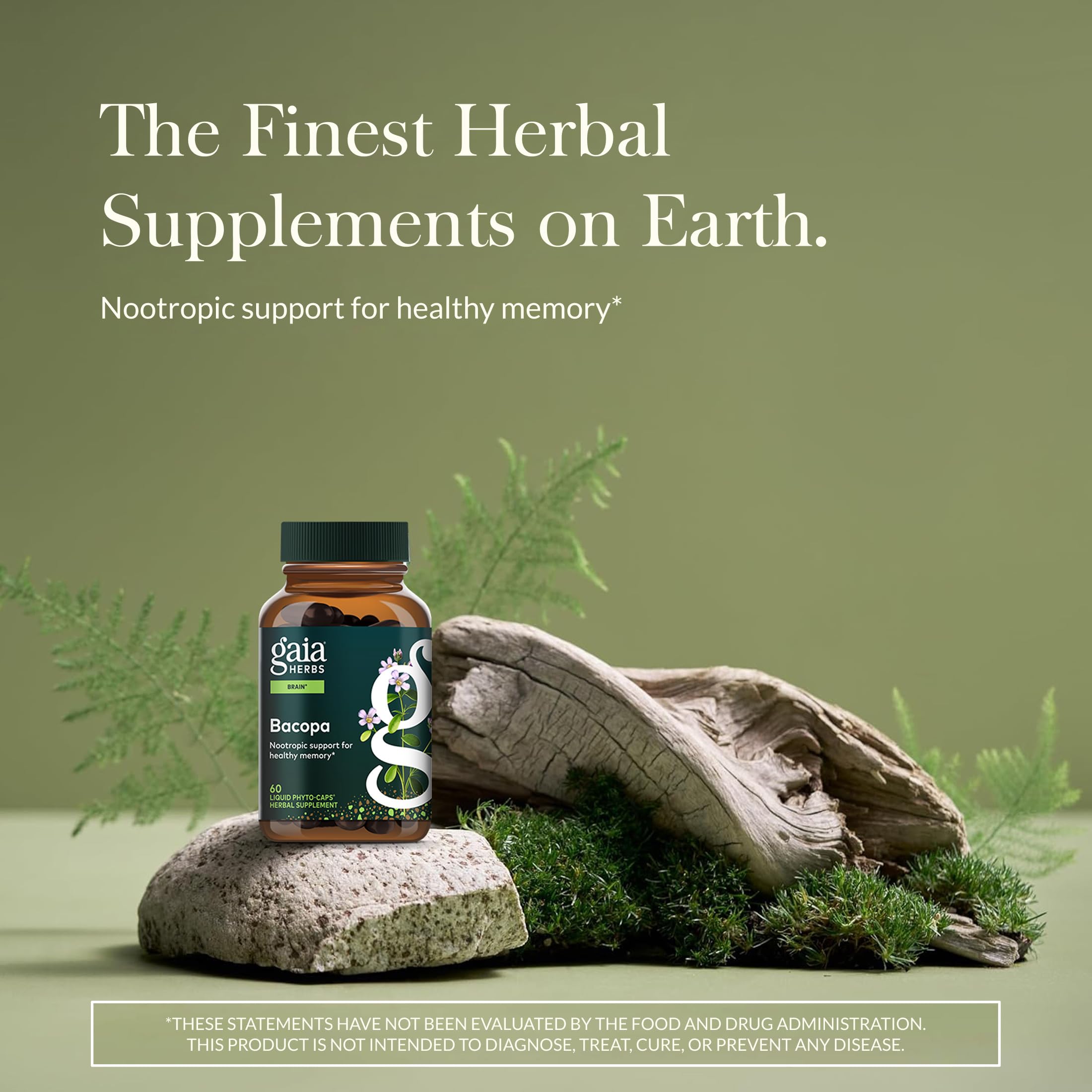 Gaia Herbs Bacopa, flacon ambré, rangement pratique pour le quotidien.