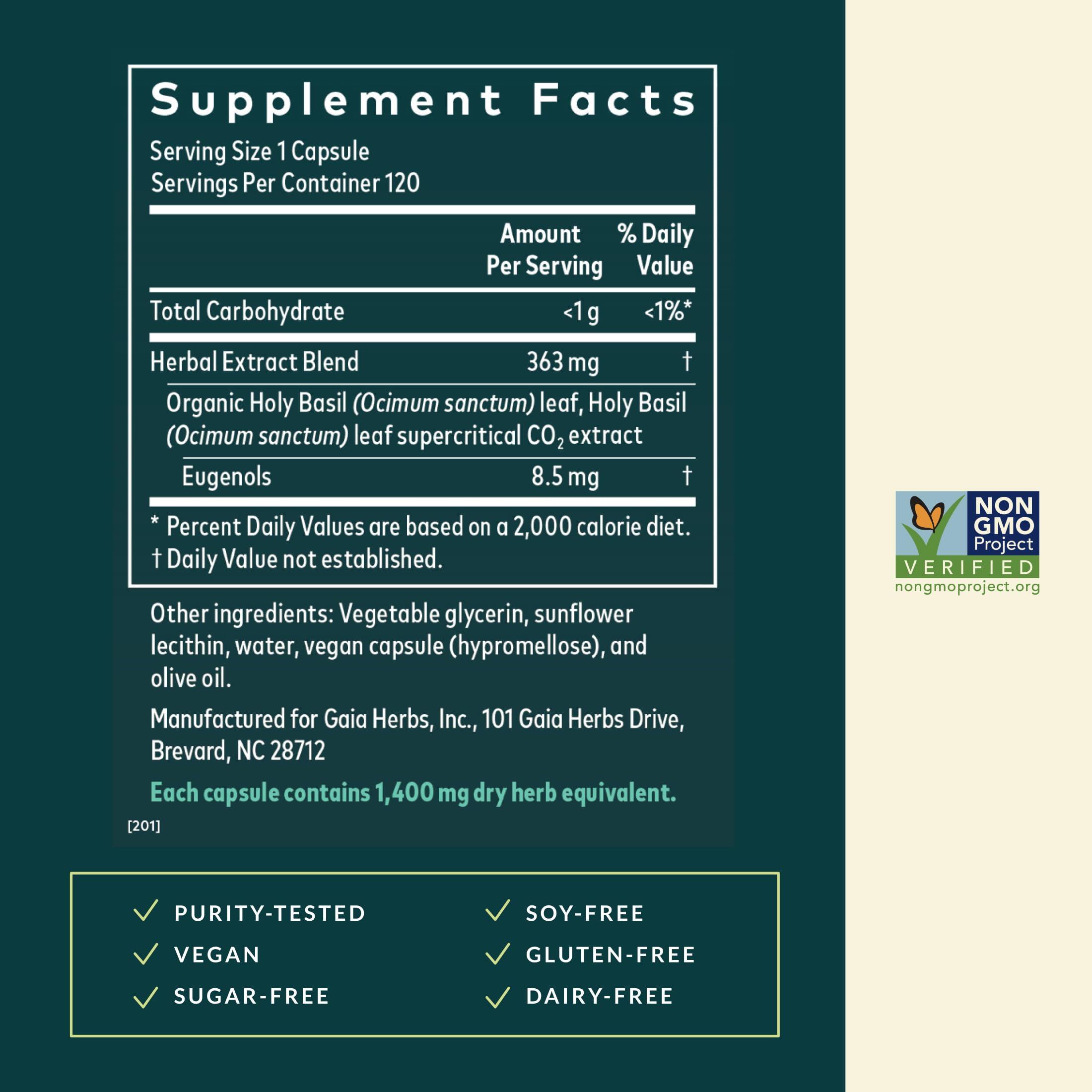 Gaia Herbs Basilic Sacré, capsules véganes faciles à intégrer.