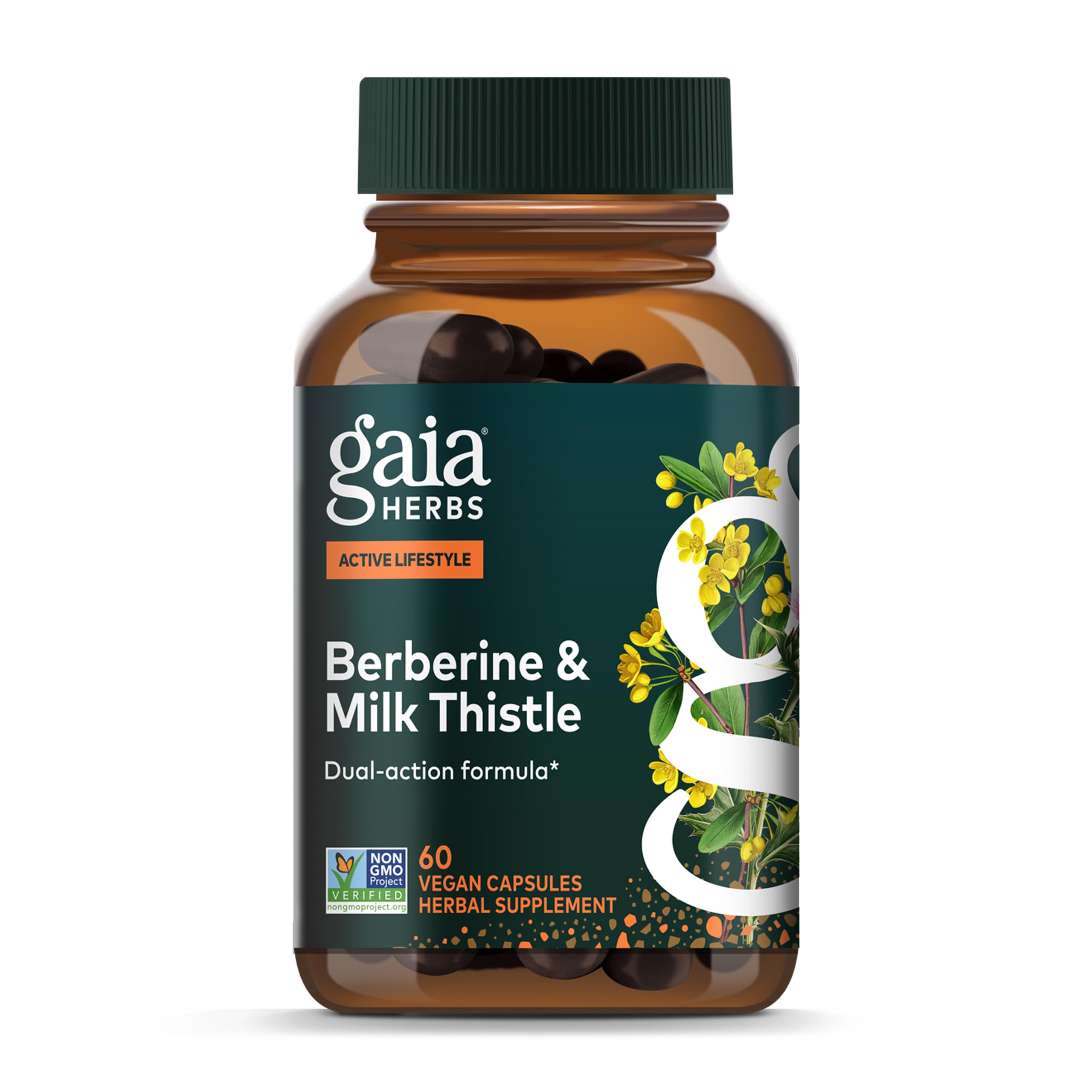 Gaia Herbs Berberine & Milk Thistle, bouteille montrant le soutien hépatique.