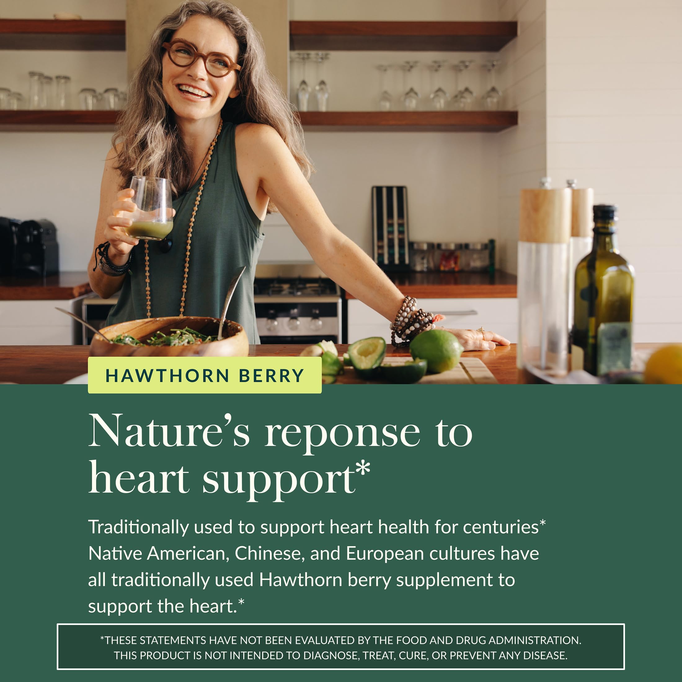 Gaia Herbs bottle open with capsules on spoon showing daily serving convenience
