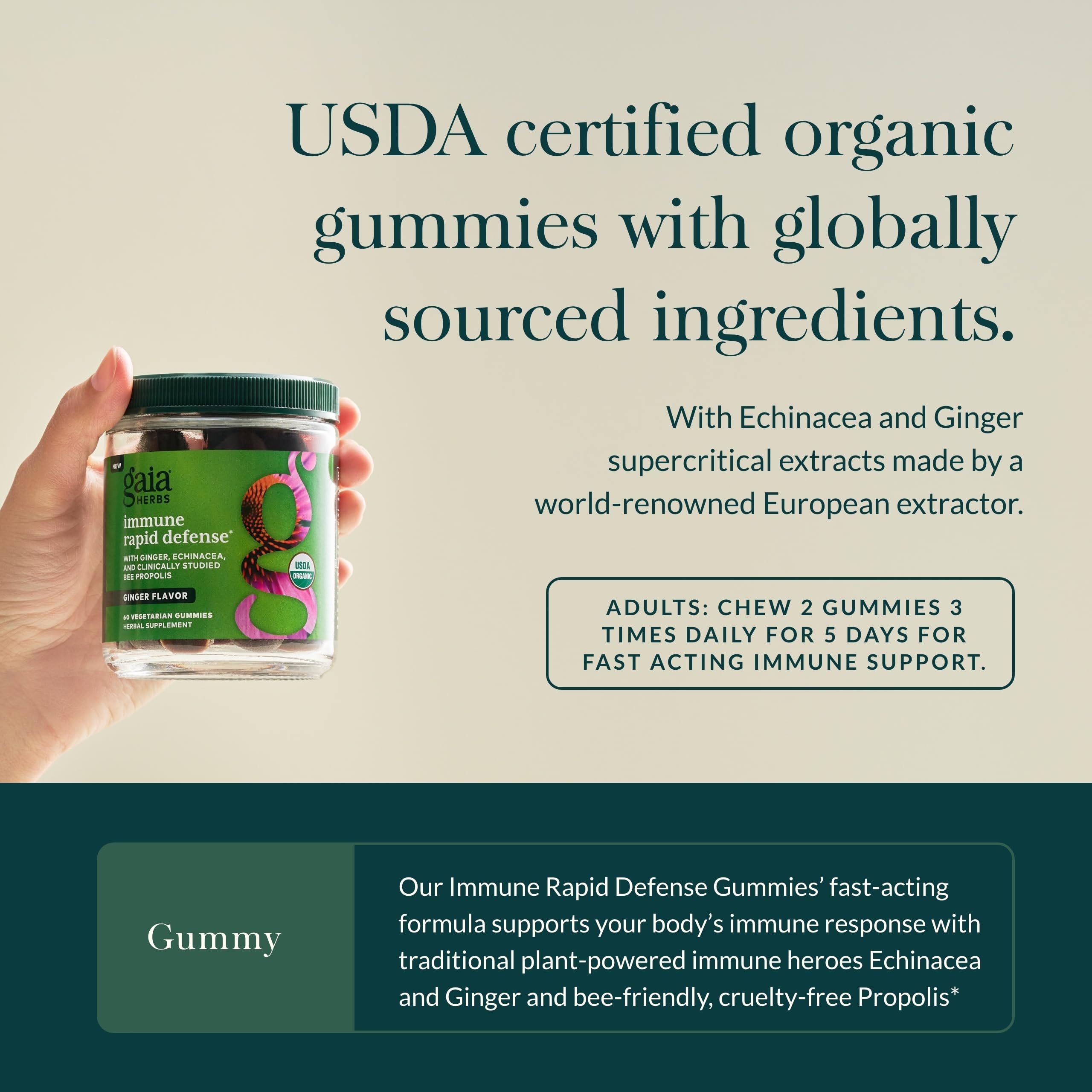 Gaia Herbs Immunité Rapid Defense Gummies certifiés biologiques et sans gluten.