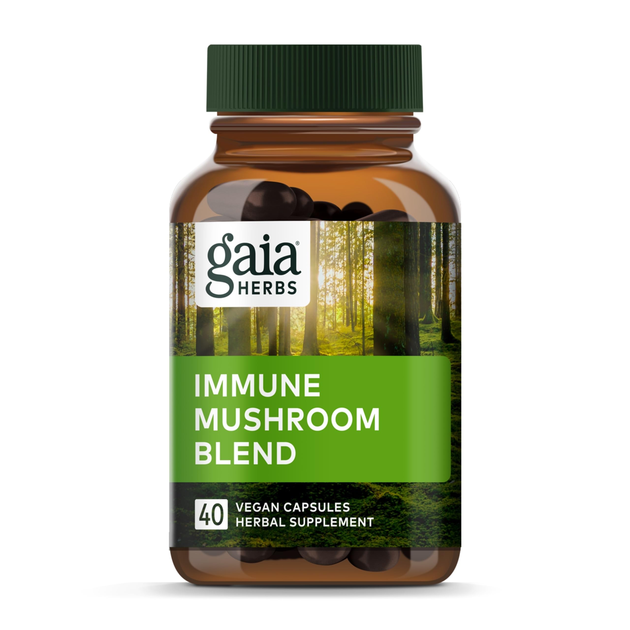 Gaia Herbs Champignons du Quotidien: bouteille et etiquette, format végan pratique.