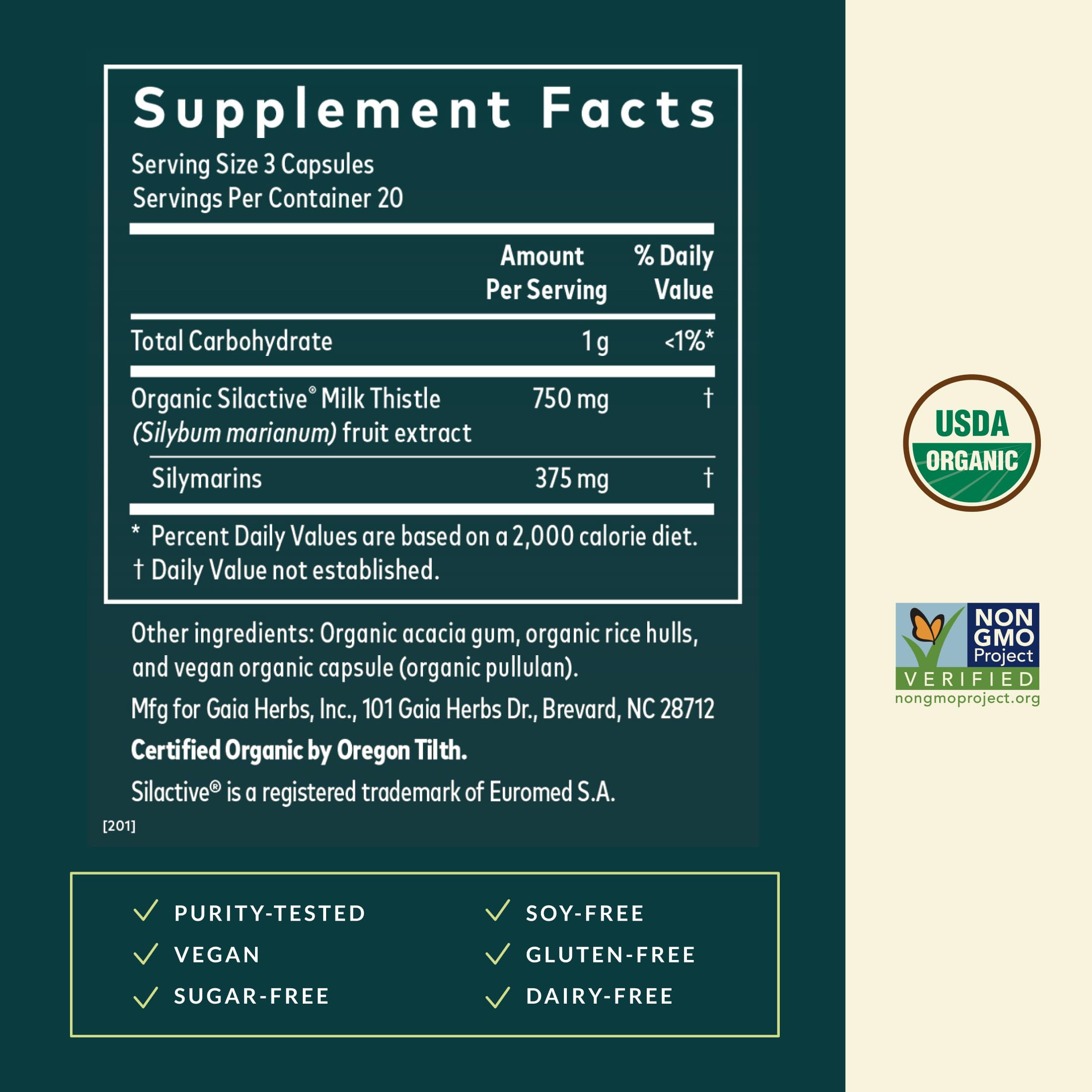 Gaia Herbs Chardon-Marie – étiquette: informations claires sur les ingrédients.