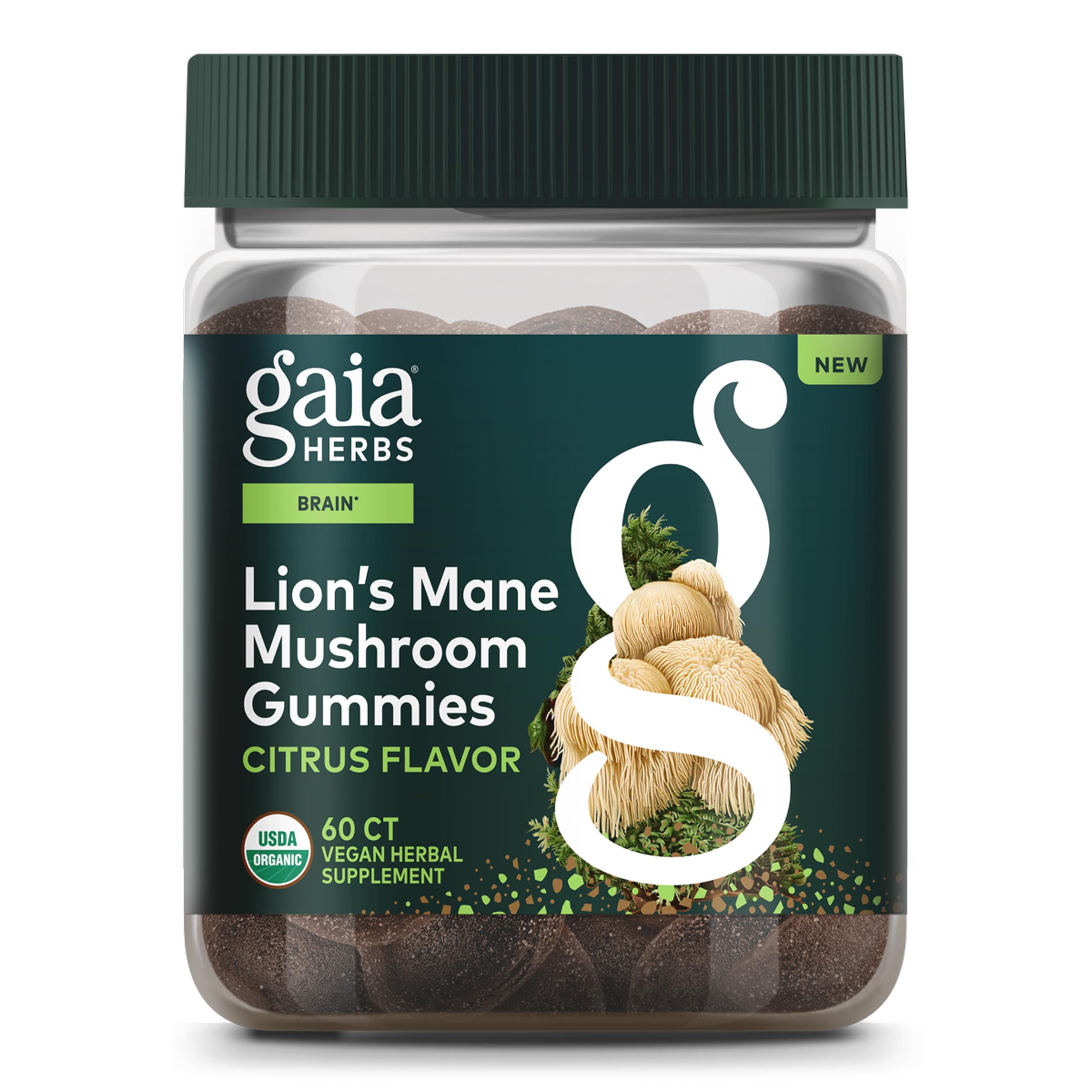 Gaia Herbs Lion's Mane Gummies emballage pratique pour rangement quotidien.