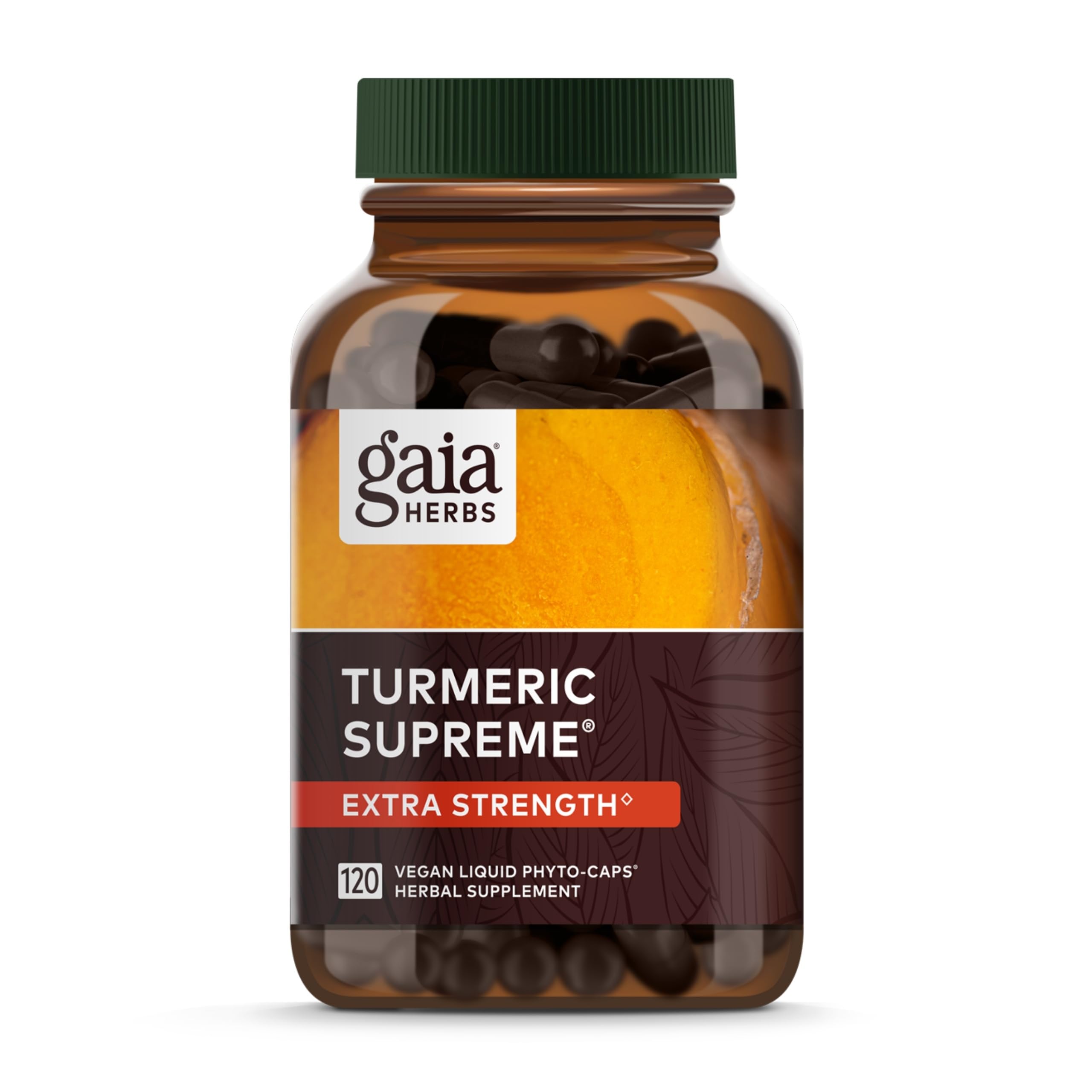 Gaia Herbs Curcuma Suprême haute teneur, bouteille, soutien potentiel au confort quotidien.