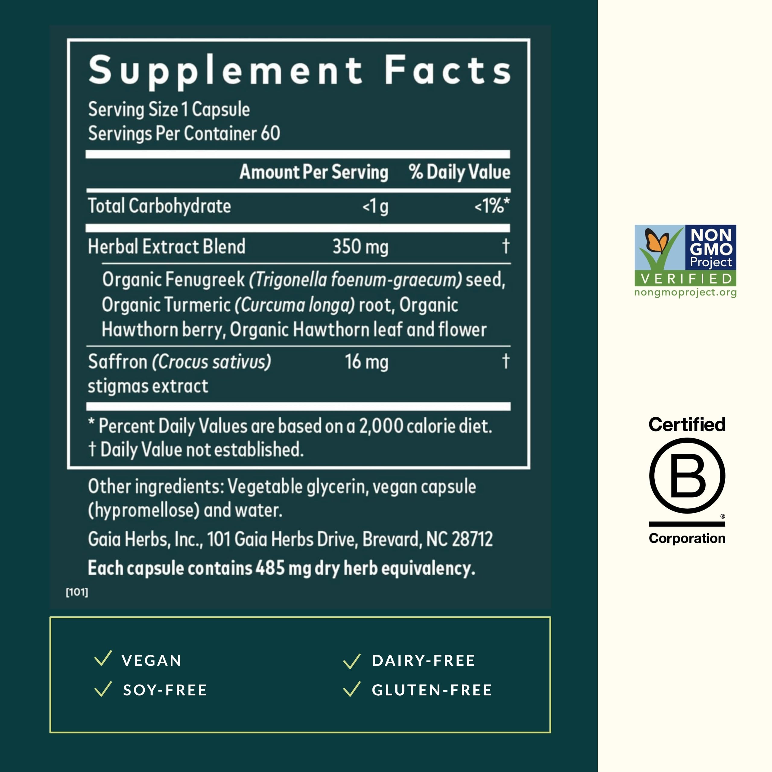 Ingrédients premium Cycle Serenity : safran biologique, curcuma, fenugrec et aubépine.