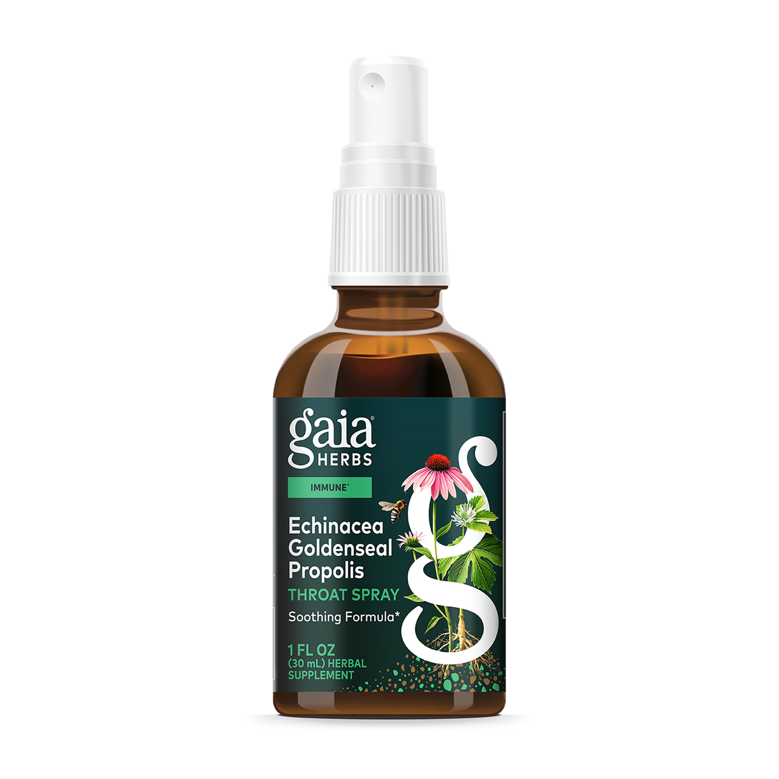 Gaia Herbs Echinacea Goldenseal Propolis Spray, bouteille prête, soutien immunitaire rapide.