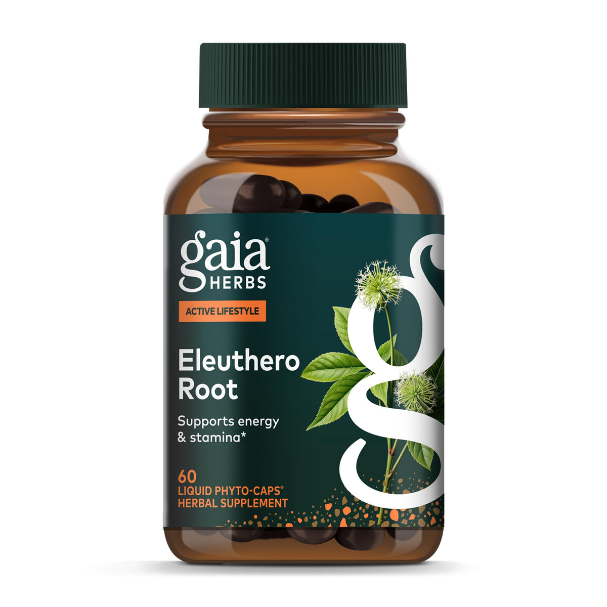 Gaia Herbs Eleuthero Racine – bouteille montrant énergie sans caféine et polyvalence.