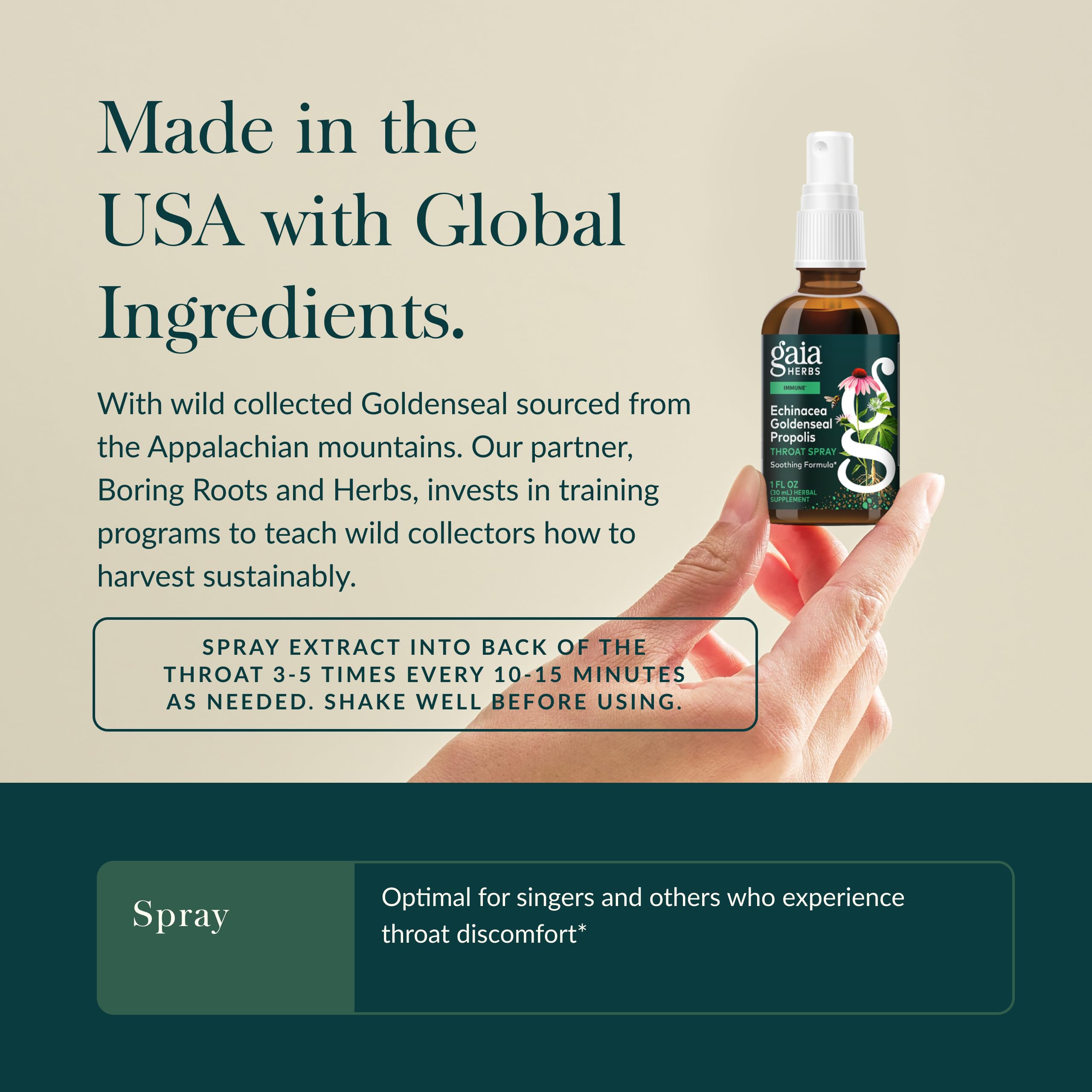 Gaia Herbs Echinacea Goldenseal Propolis Spray, emballage élégant, présentation soignée.
