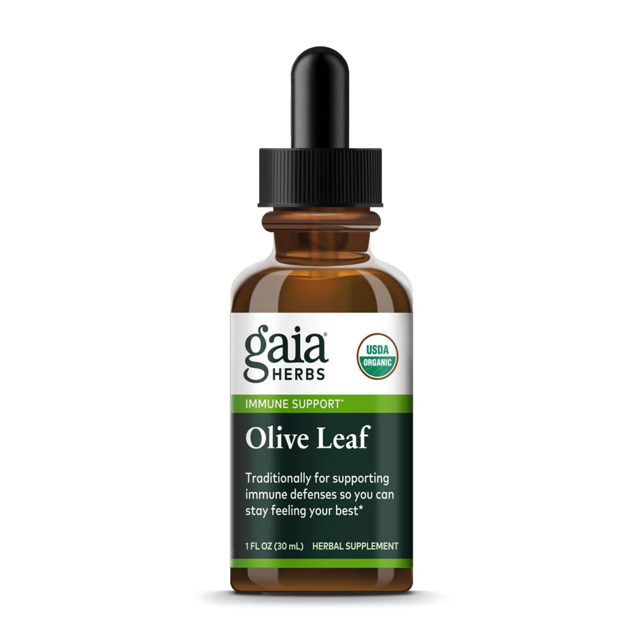 Gaia Herbs Olive Leaf Extrait Liquide, flacon, soutien des défenses immunitaires.