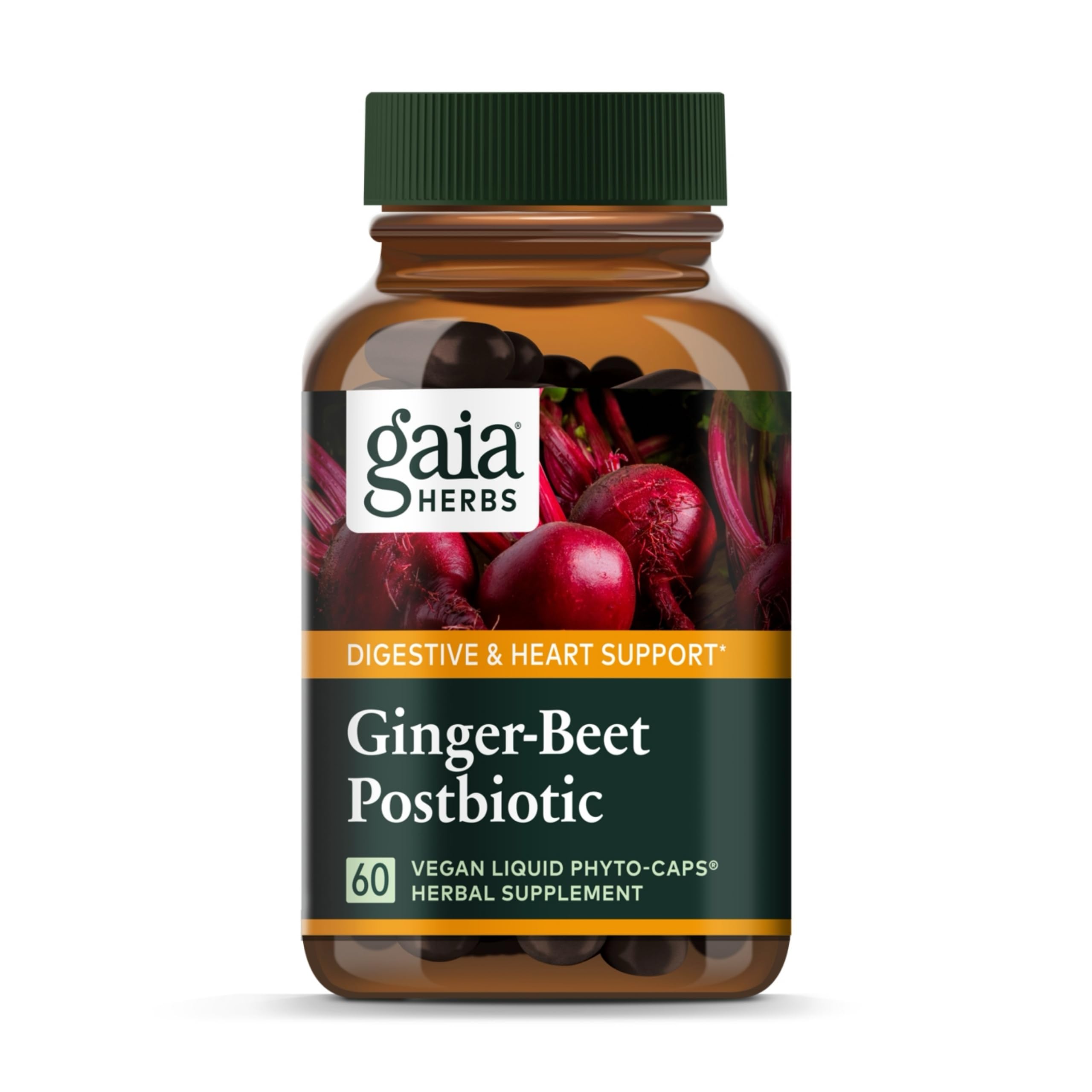 Gina Gaia Herbs Gingembre-Betterave Postbiotique en bouteille, soutien digestif potentiel.