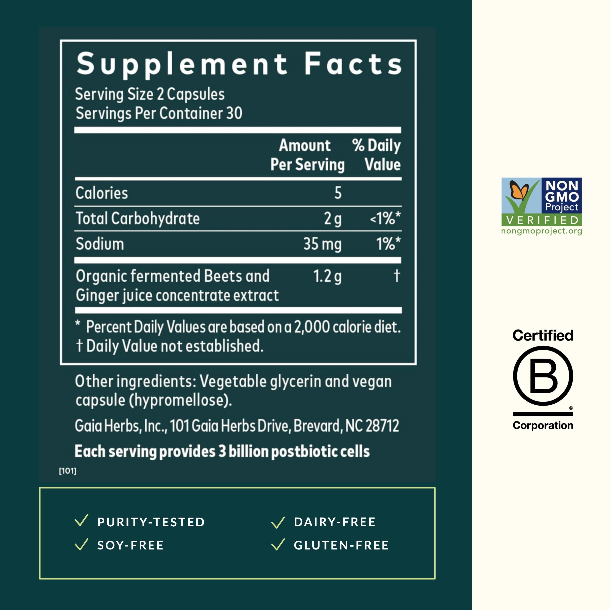 Étiquette Gaia Herbs montrant ingrédients fermentés, transparence et traçabilité.