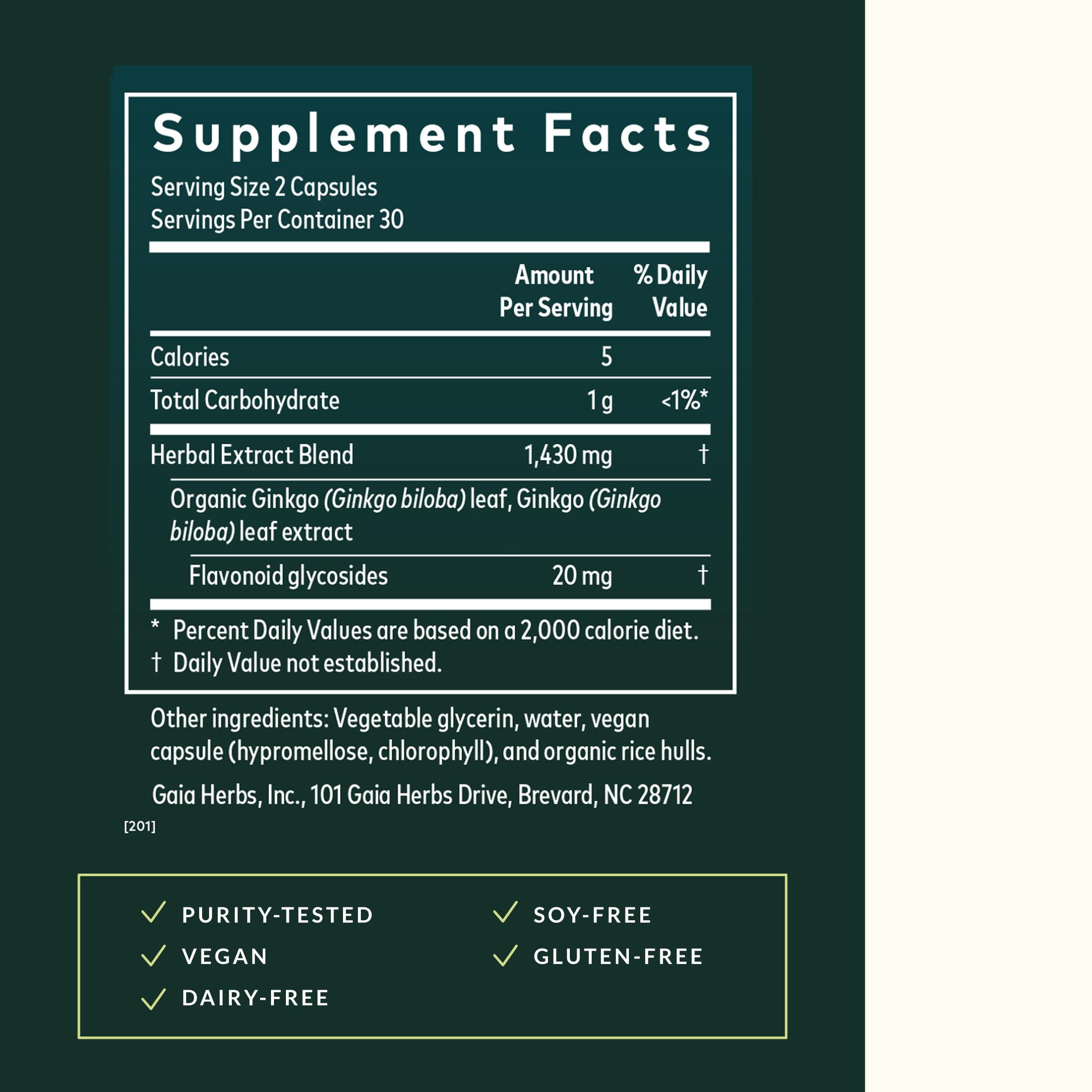 Gaia Herbs Ginkgo Leaf, étiquette: transparence et traçabilité du produit.