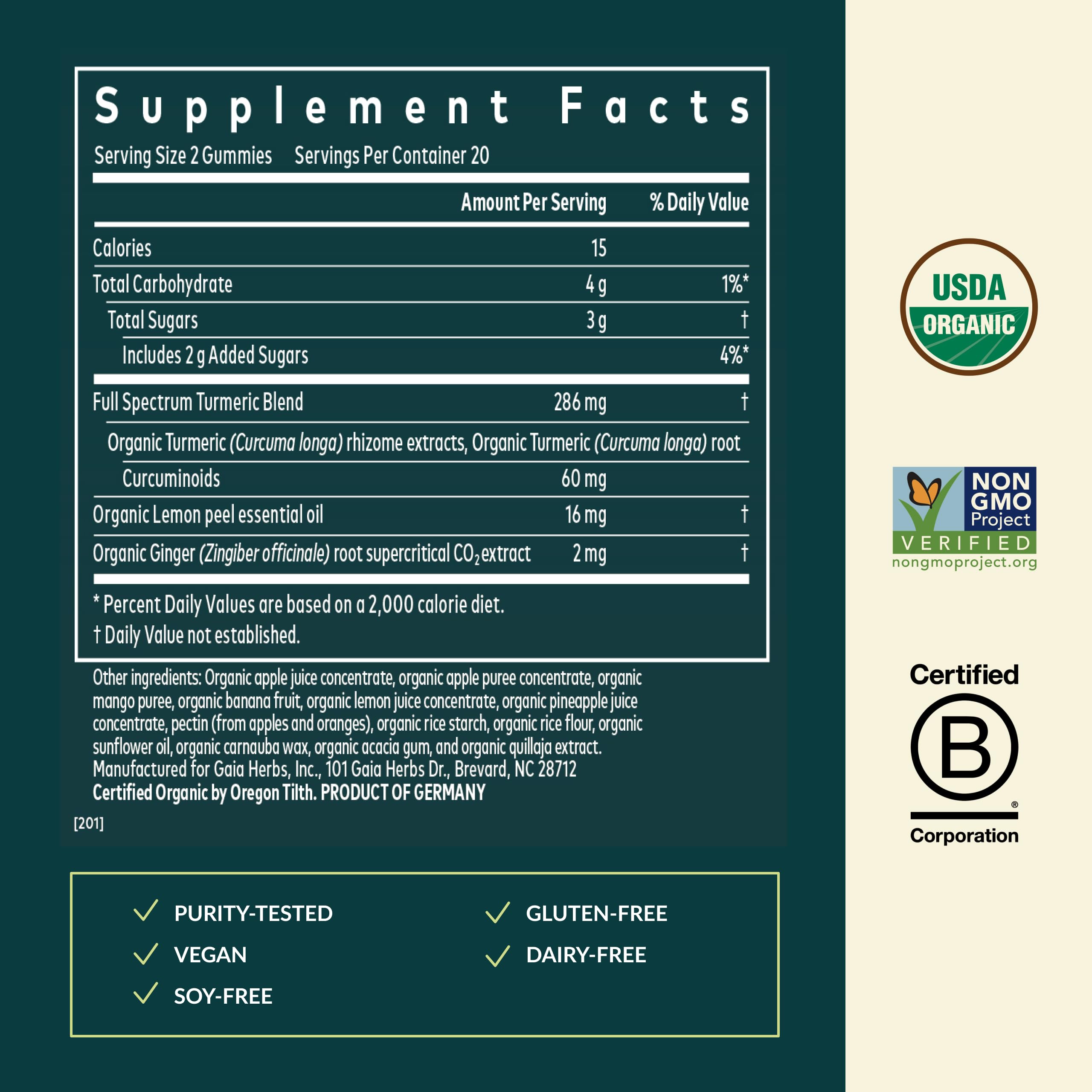 Gaia Herbs Curcuma Supreme avec Quercétine et Bromélaïne, ingrédients clés.