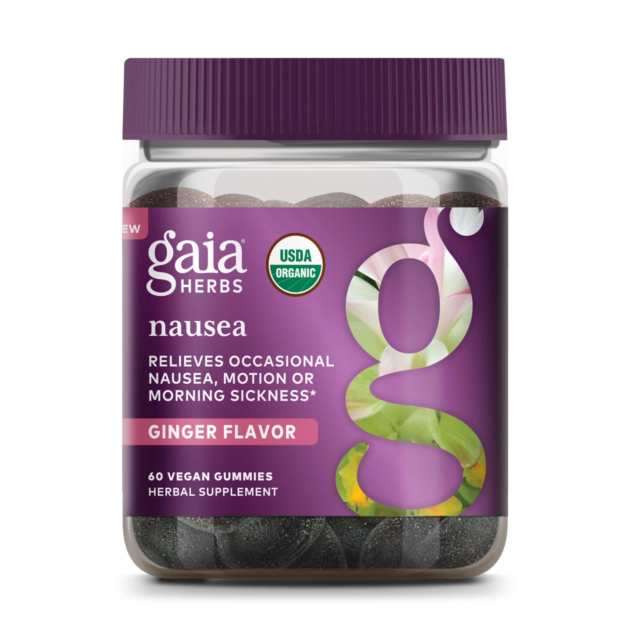 Gaia Herbs Gommes Nausée – emballage bio avec gingembre-citron pour le confort digestif.