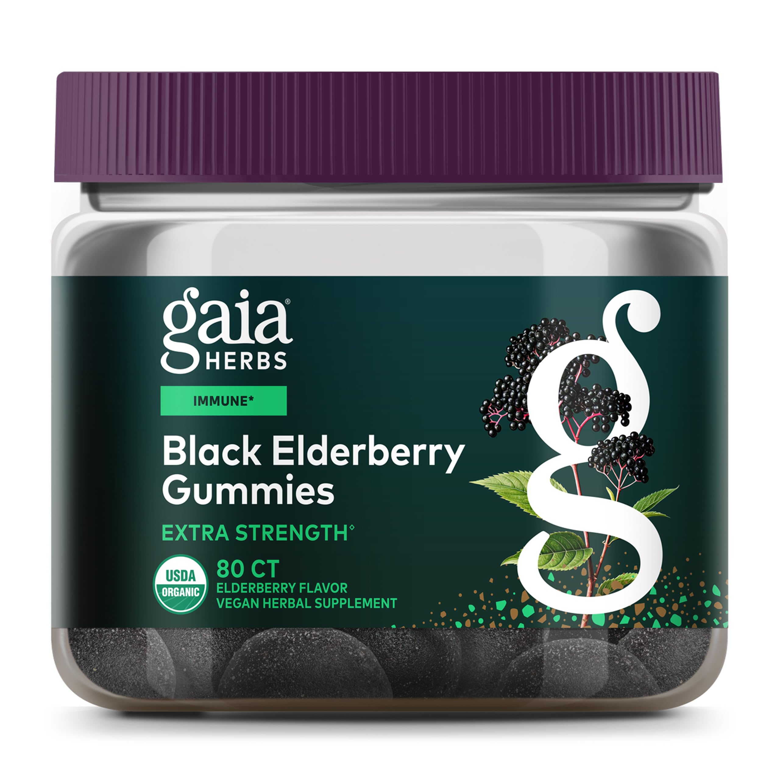 Gaia Herbs Gommes Sureau Noir – emballage pratique de 80 gommes.