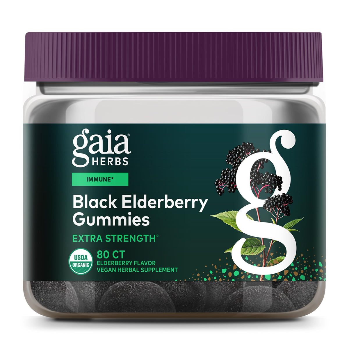 Gaia Herbs Gommes Sureau Noir – emballage pratique de 80 gommes.
