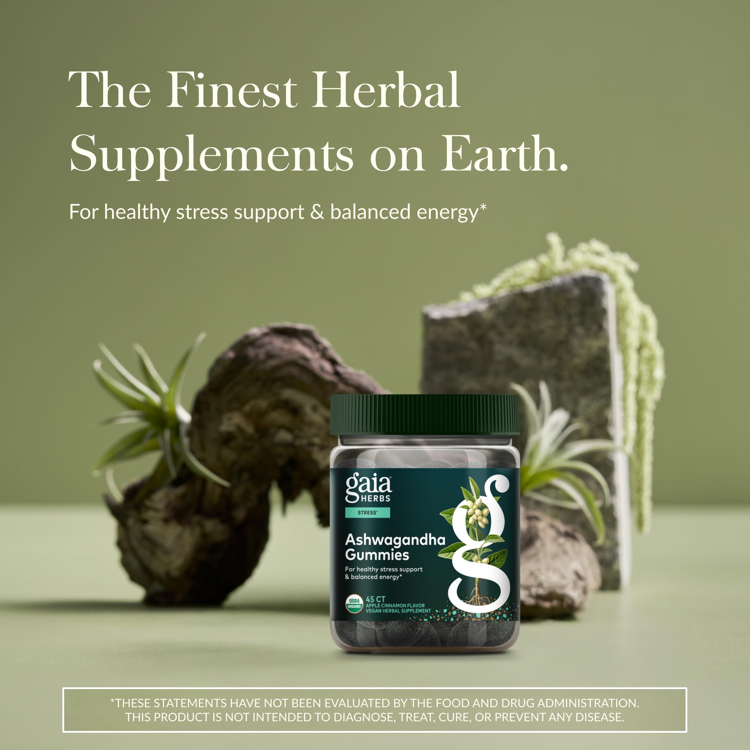 Gummies Ashwagandha Gaia Herbs : bonbons bio bleuets et pommes, goût fruité pour énergie équilibrée.