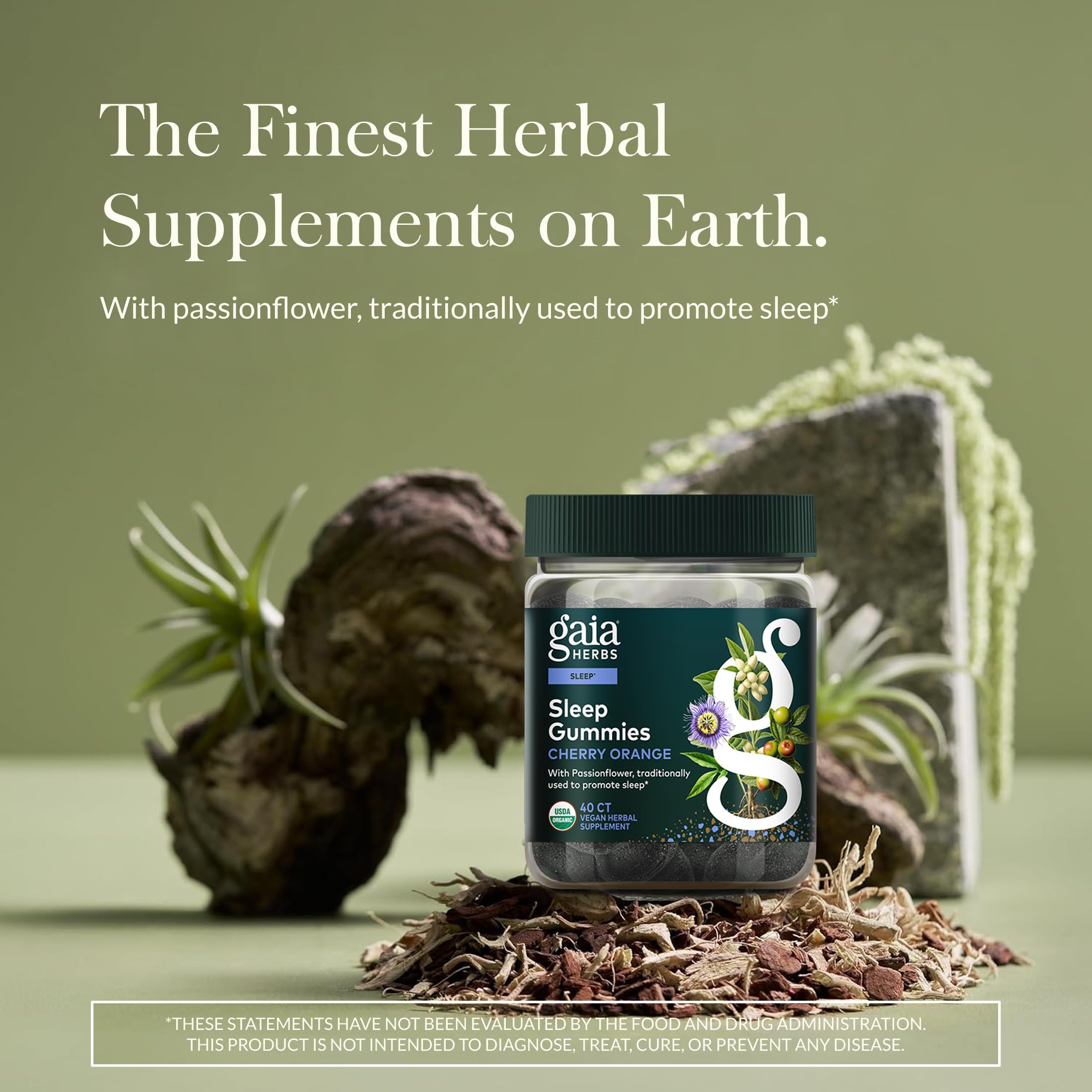 Étiquette Gaia Herbs Sommeil affichant les ingrédients biologiques et les certifications.