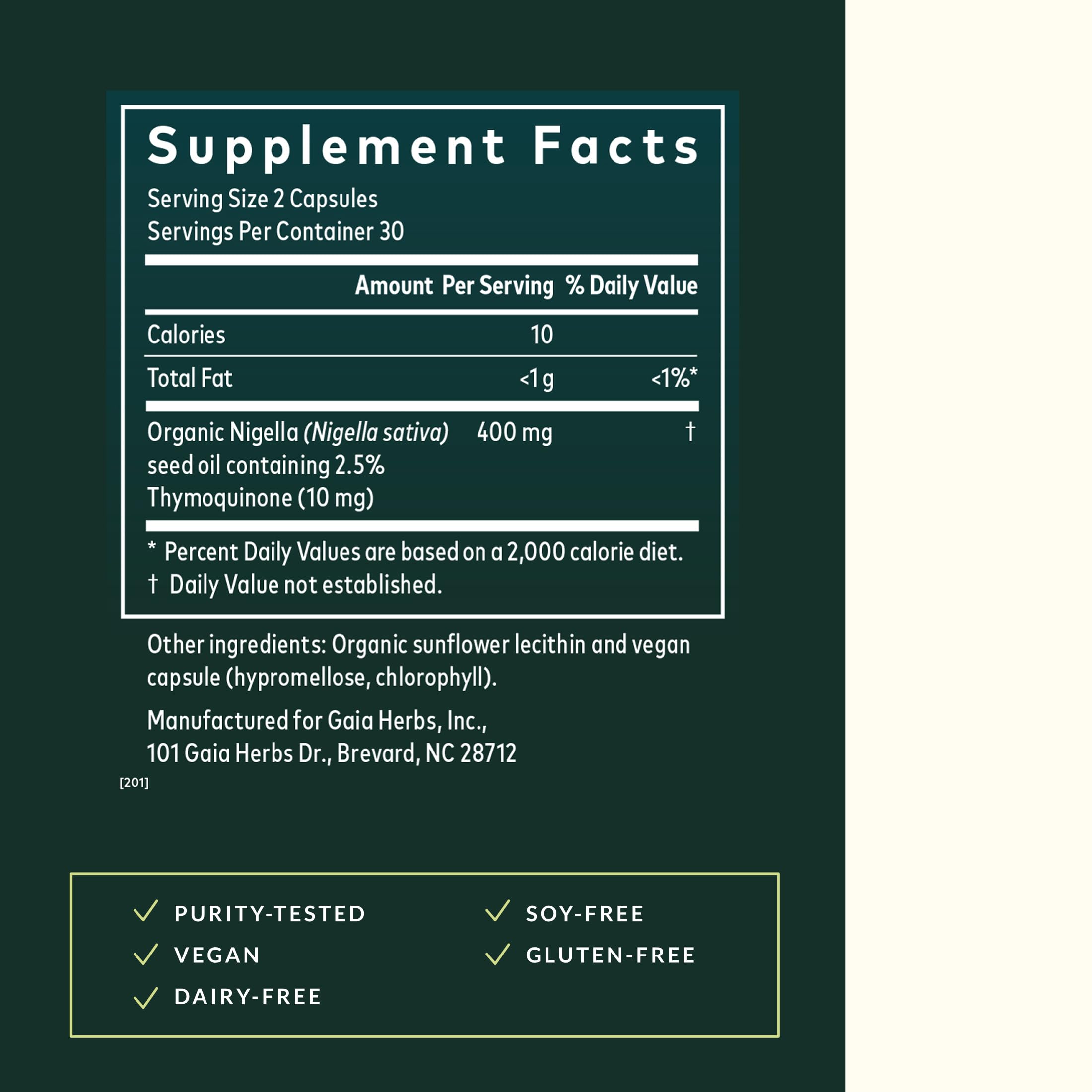 Gaia Herbs huile nigelle en capsules, dosage ciblé pour le bien-être respiratoire.
