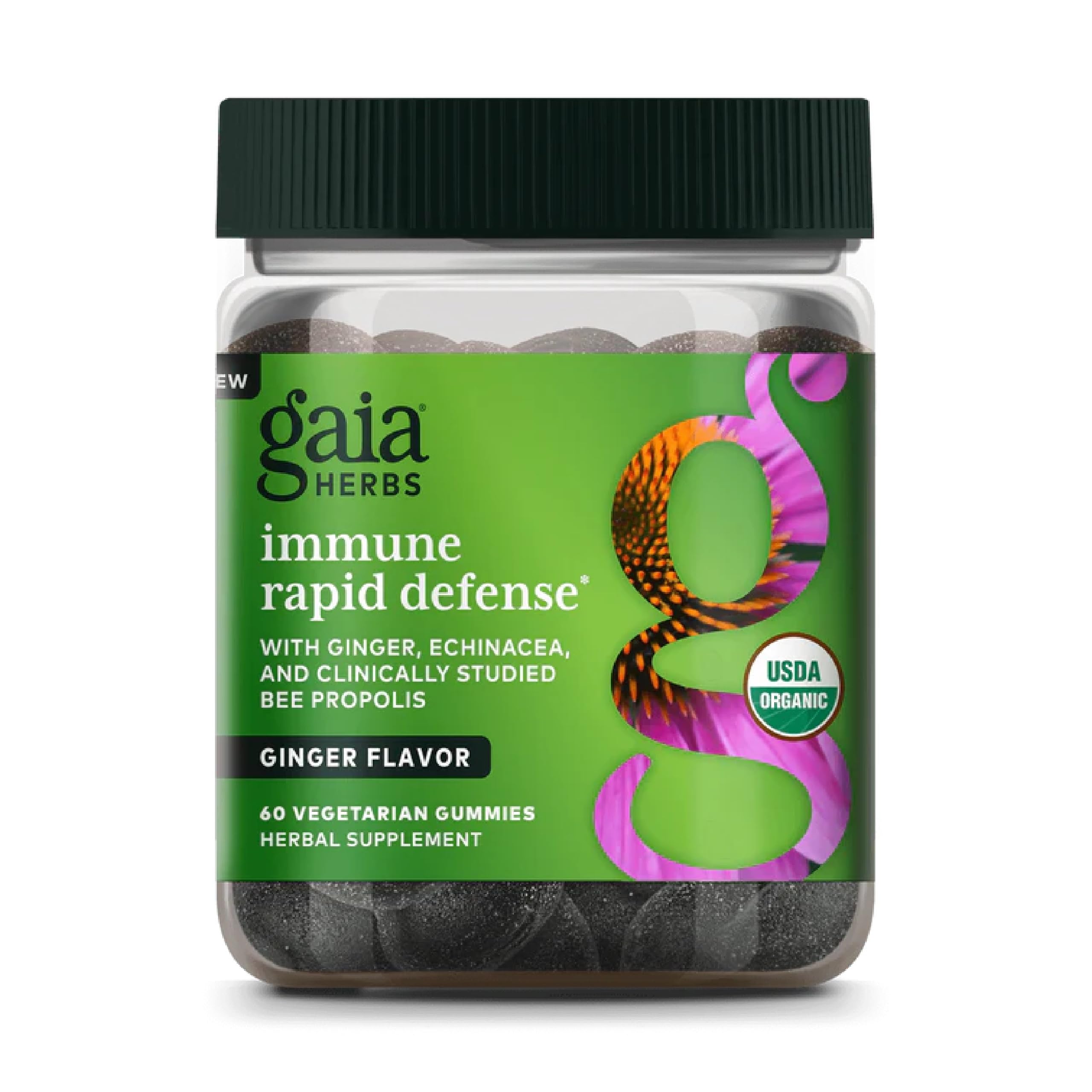 Gaia Herbs Immunité Rapid Defense Gummies en bouteille, soutien immunitaire potentiel au quotidien.