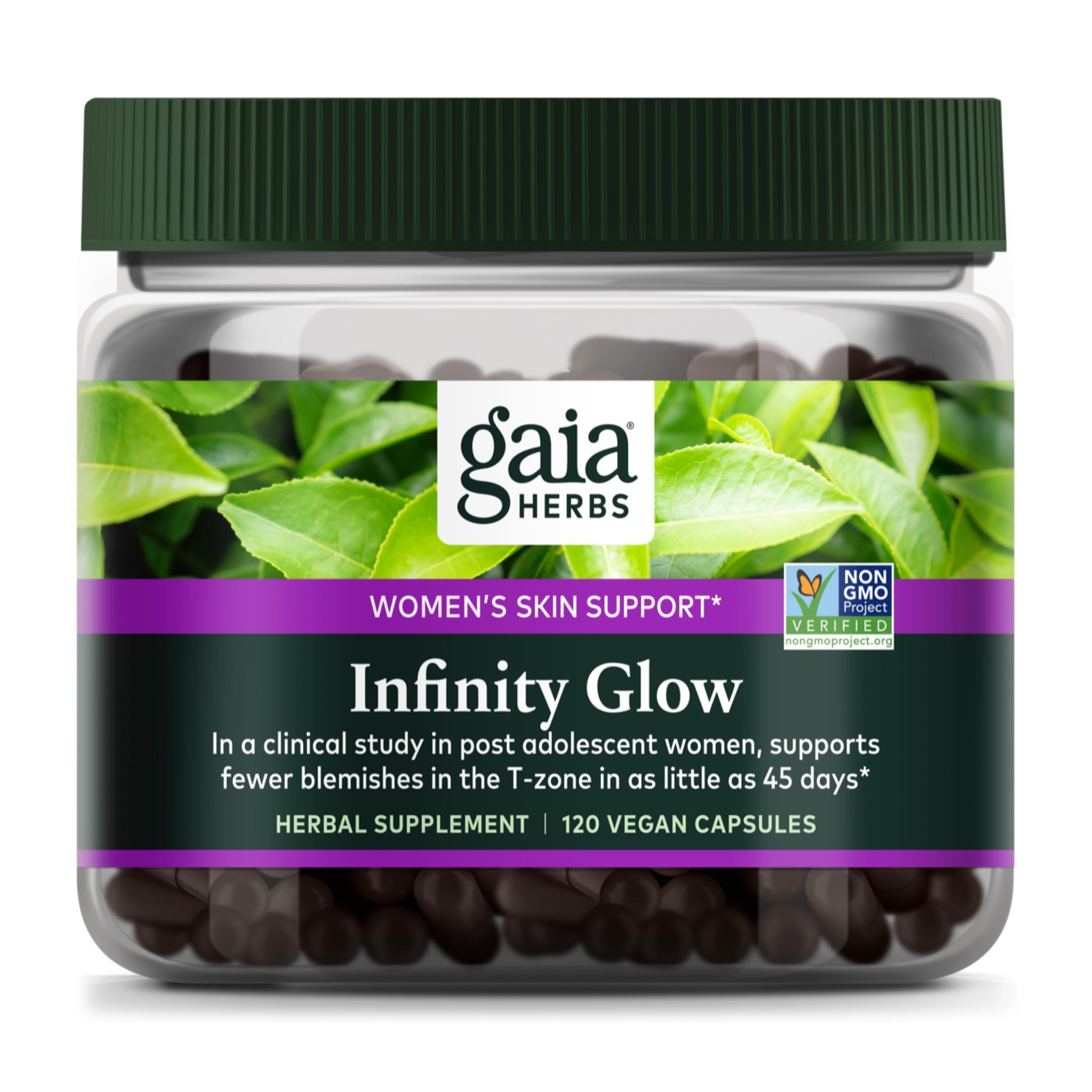 Gaia Herbs Infinity Glow, bouteille du produit, soutien potentiel à la peau.