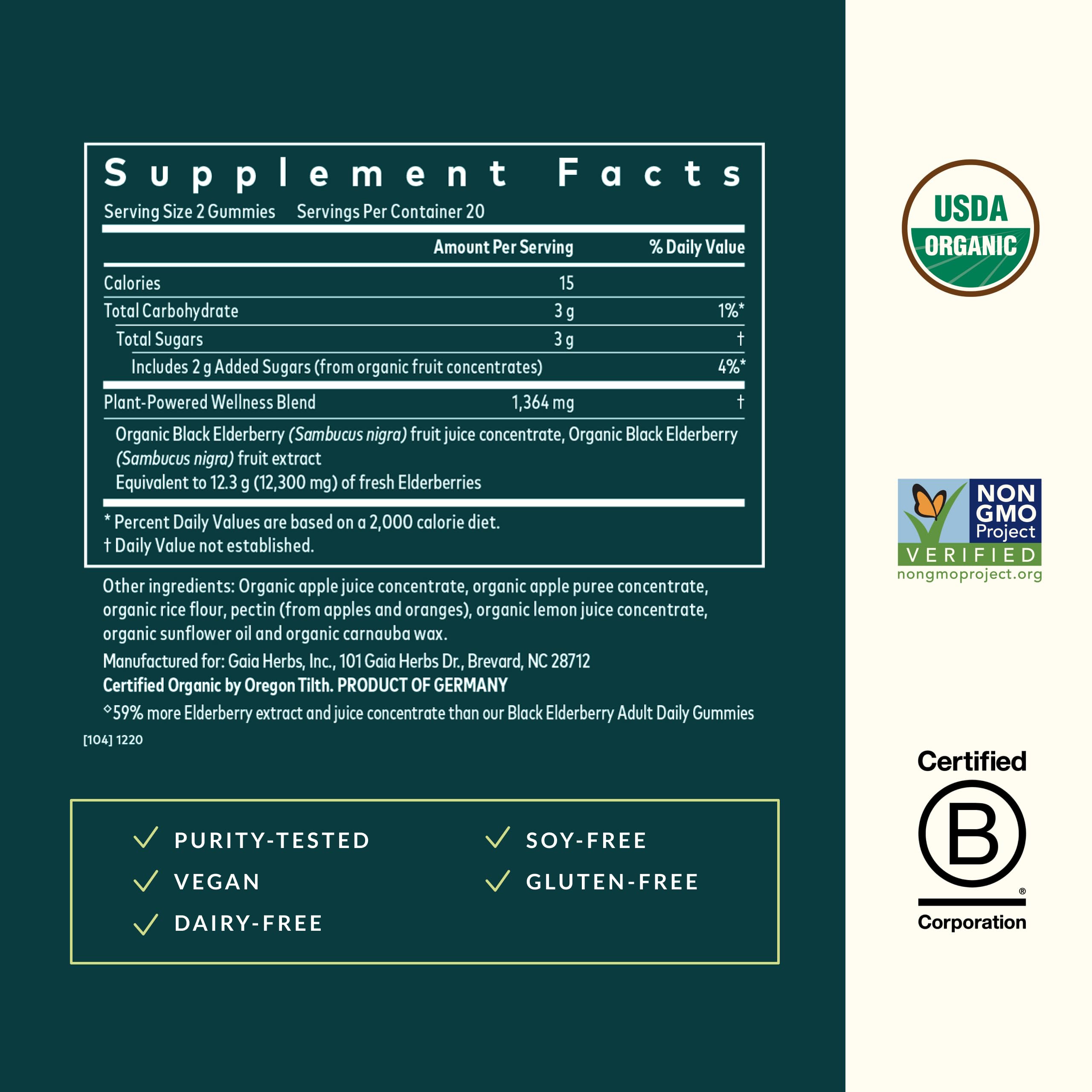 Gaia Herbs Ingrédients Sureau Noir Bio: sureau biologique et extrait concentré.