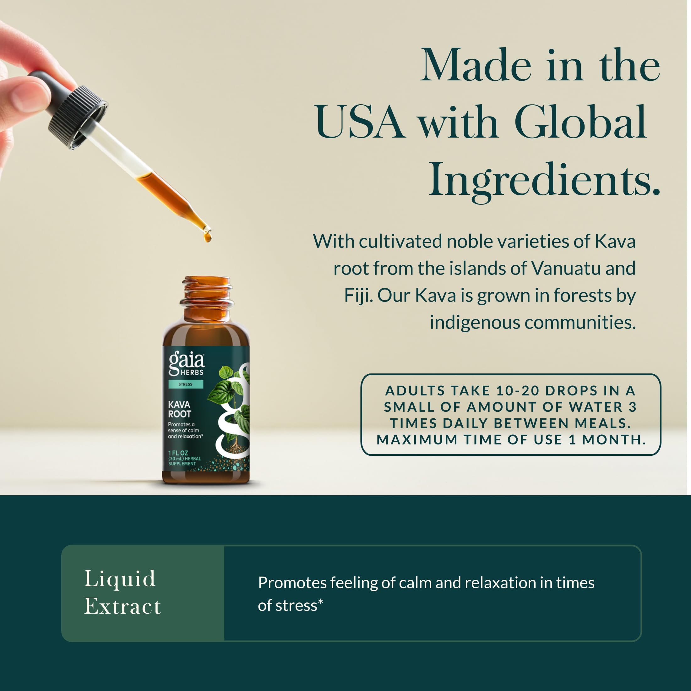 Gaia Herbs Kava Root Extra Strength – pipette facilitant une dose mesurée.